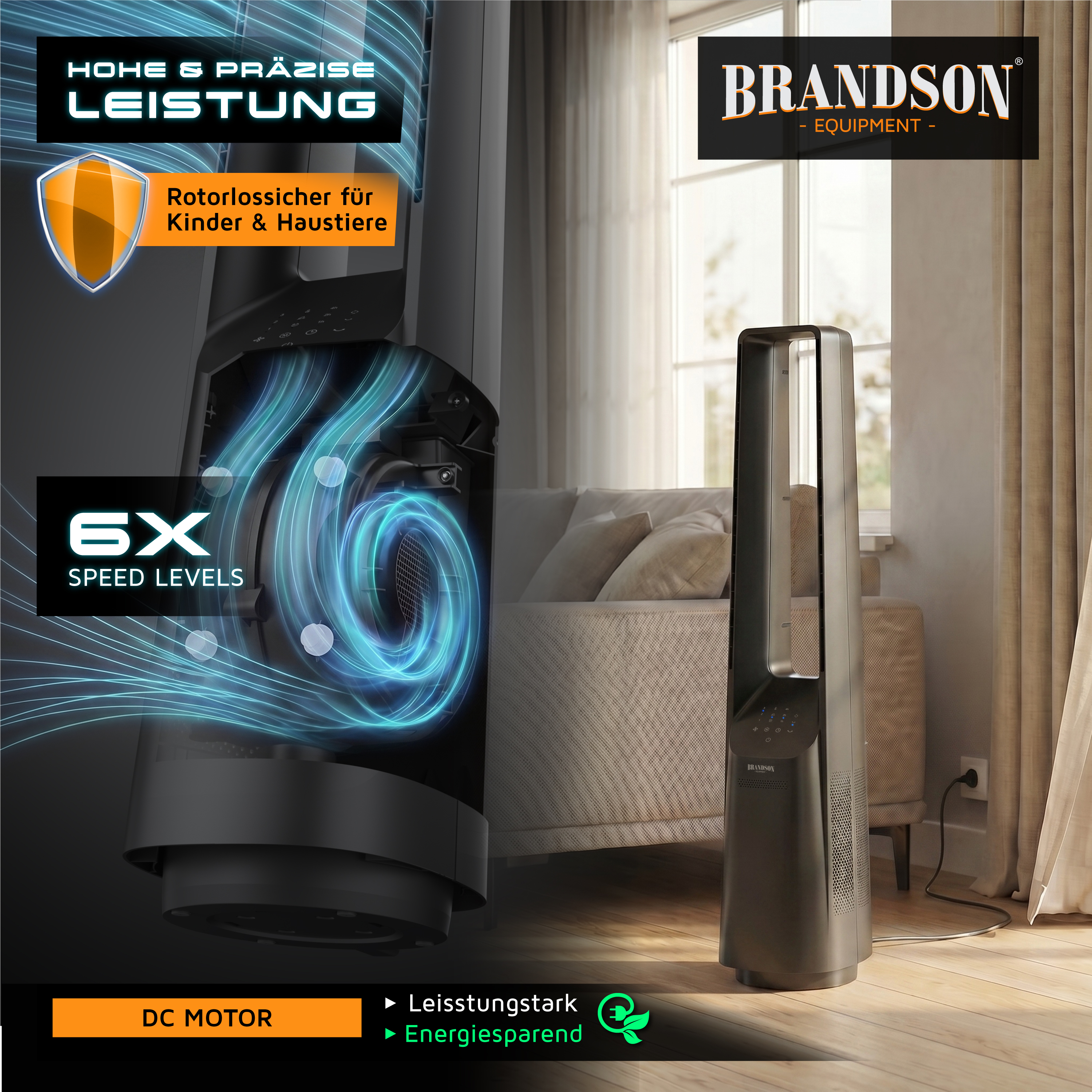 Brandson-Turmventilator mit elegantem schwarzem Design, digitaler Anzeige und Fernbedienung, platziert in einem Wohnzimmer.