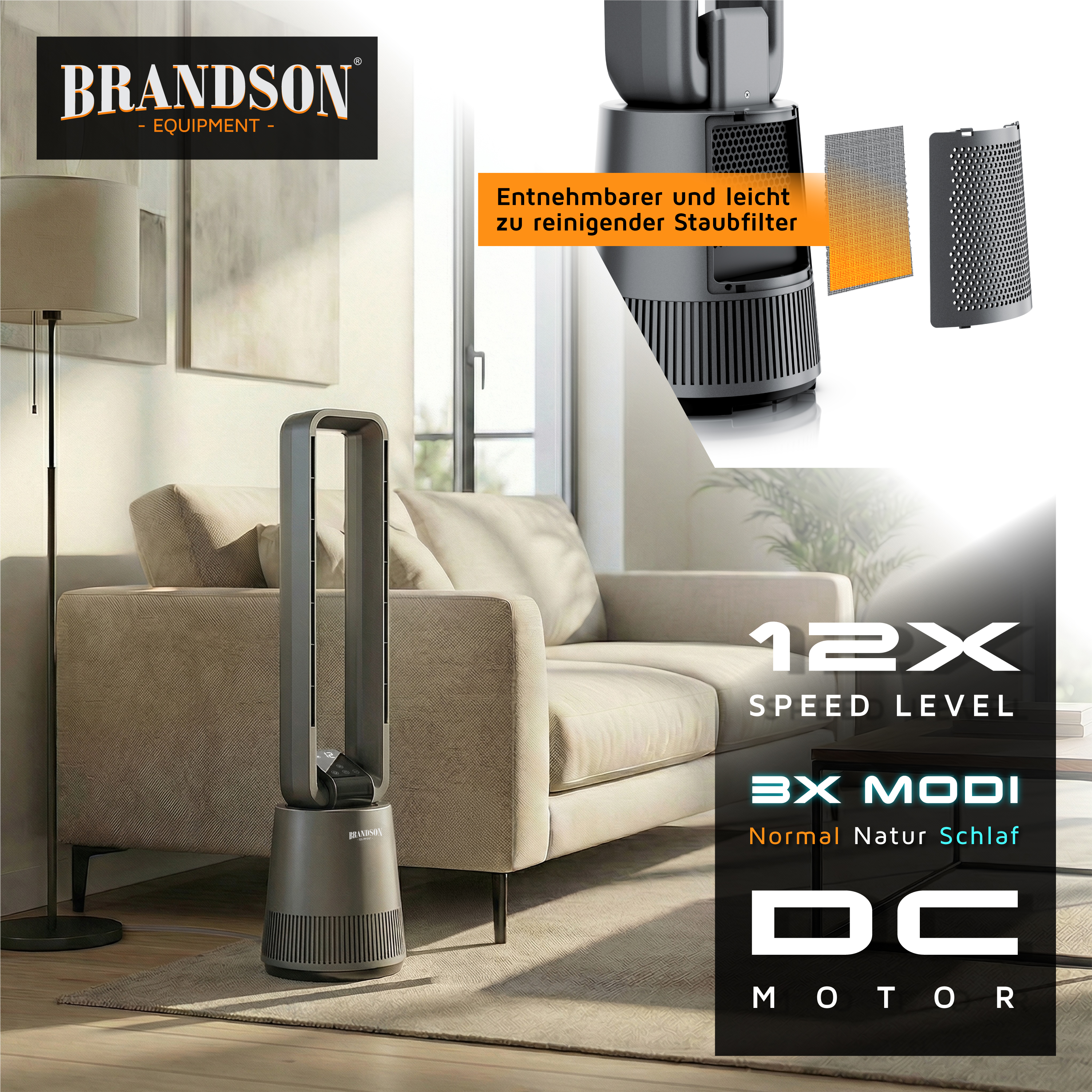 Brandson-Turmventilator in einem modernen Wohnzimmer mit elegantem Design, abnehmbarem Staubfilter und stilvollem grauem Finish.