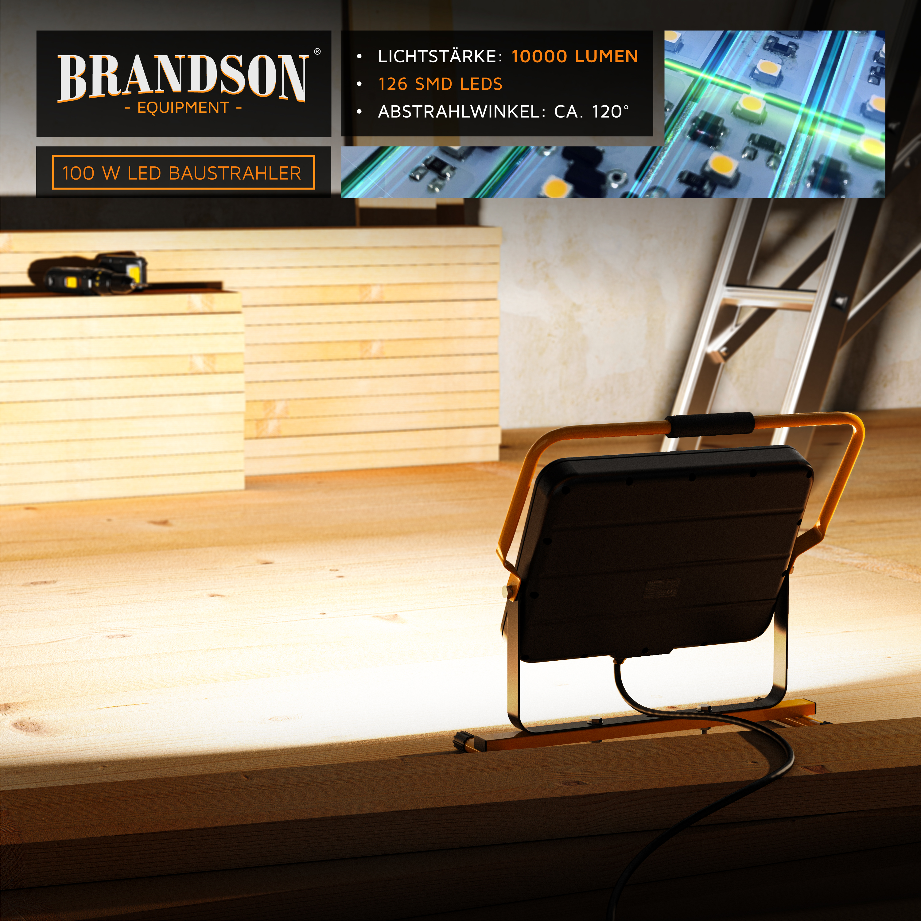 Brandson LED-Bauleuchte mit stabilem Rahmen, schwarzem Gehäuse und verstellbarem Winkel zur Beleuchtung eines Holzarbeitsplatzes.