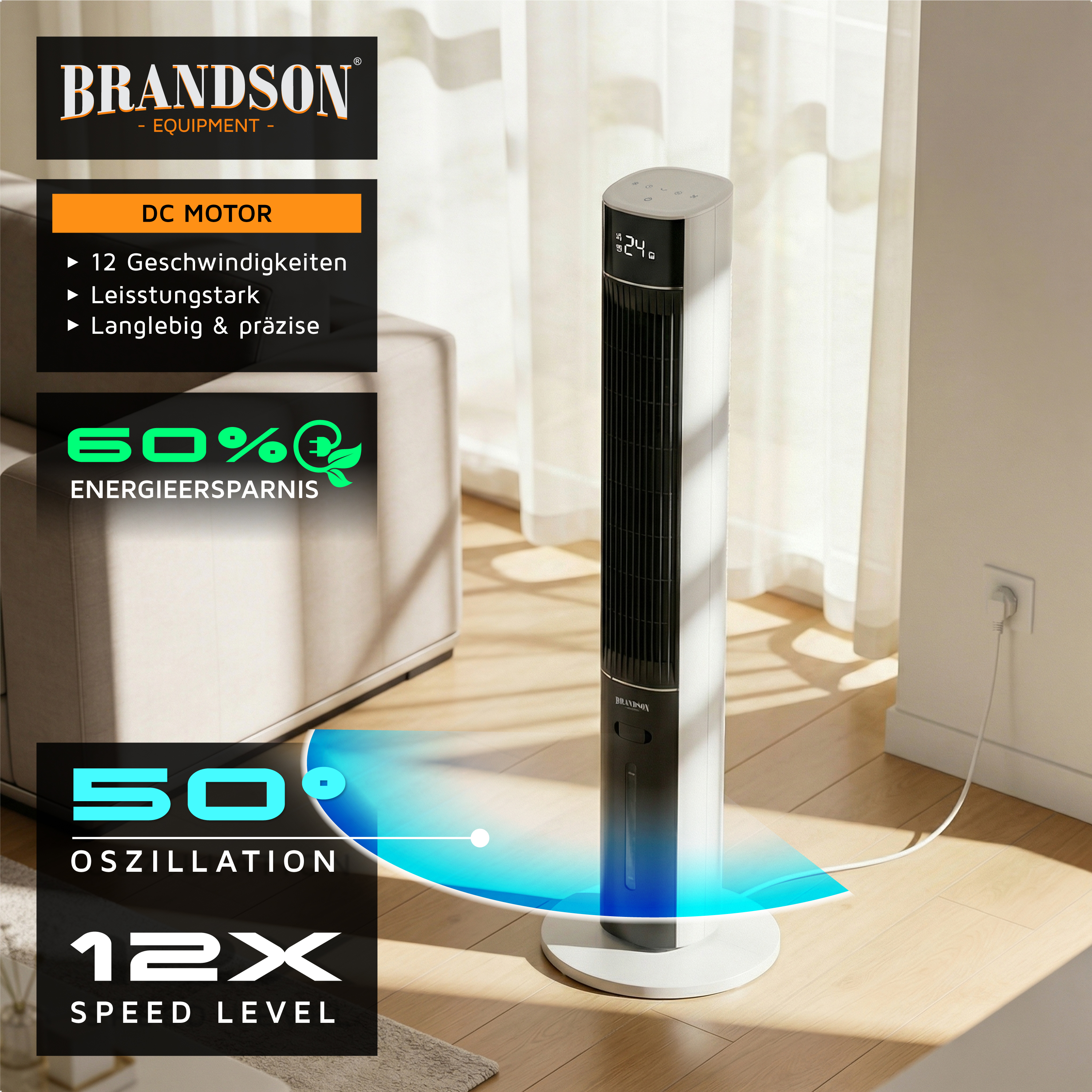 Brandson-Turmventilator mit elegantem Design, Schwarz-Weiß-Farbe, Digitalanzeige und Fernbedienung, positioniert in einem hellen Wohnraum.