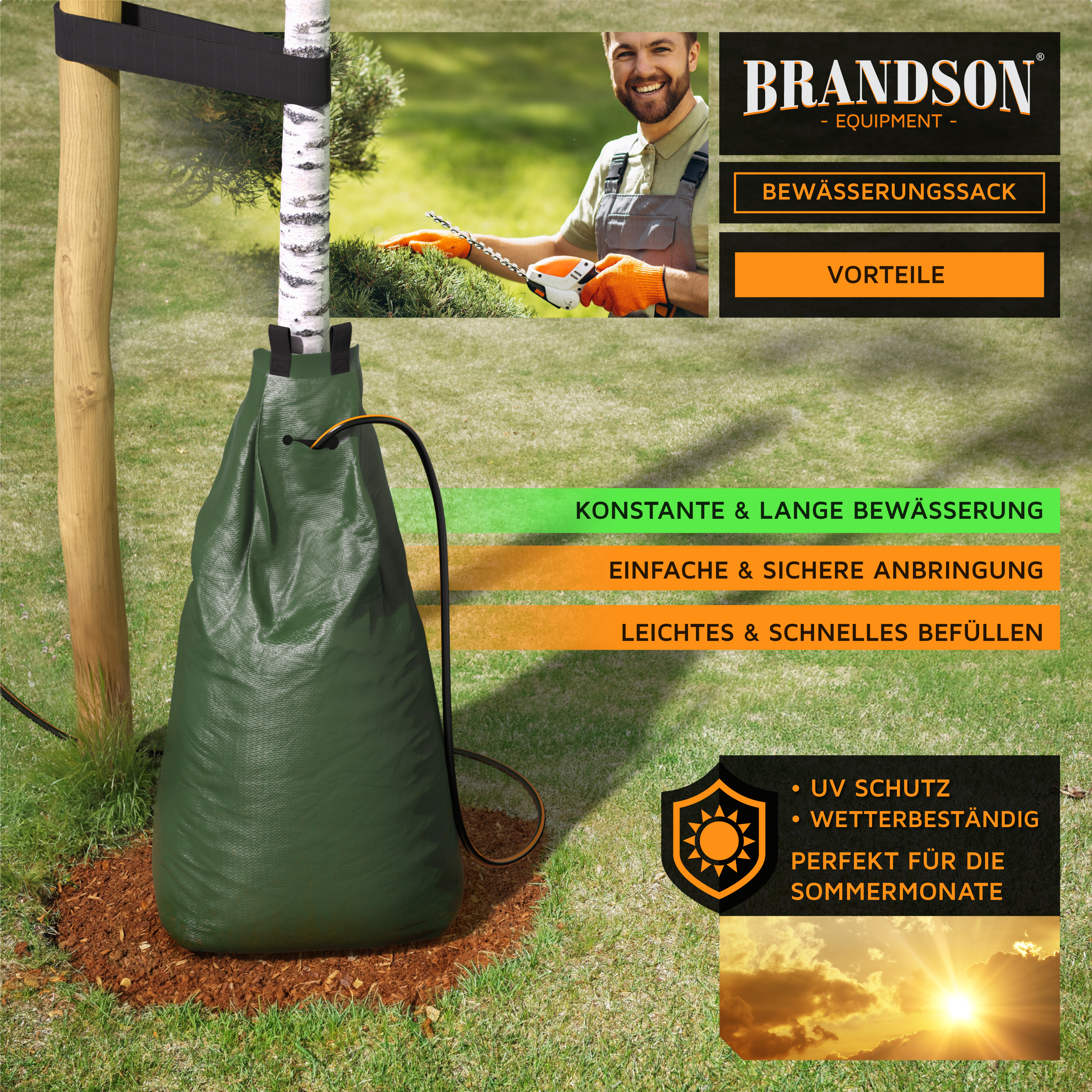 Brandson Bewässerungssack in grün, aus wetterbeständigem Material, mit Schlauchanschluss für konstante Bewässerung von Pflanzen.