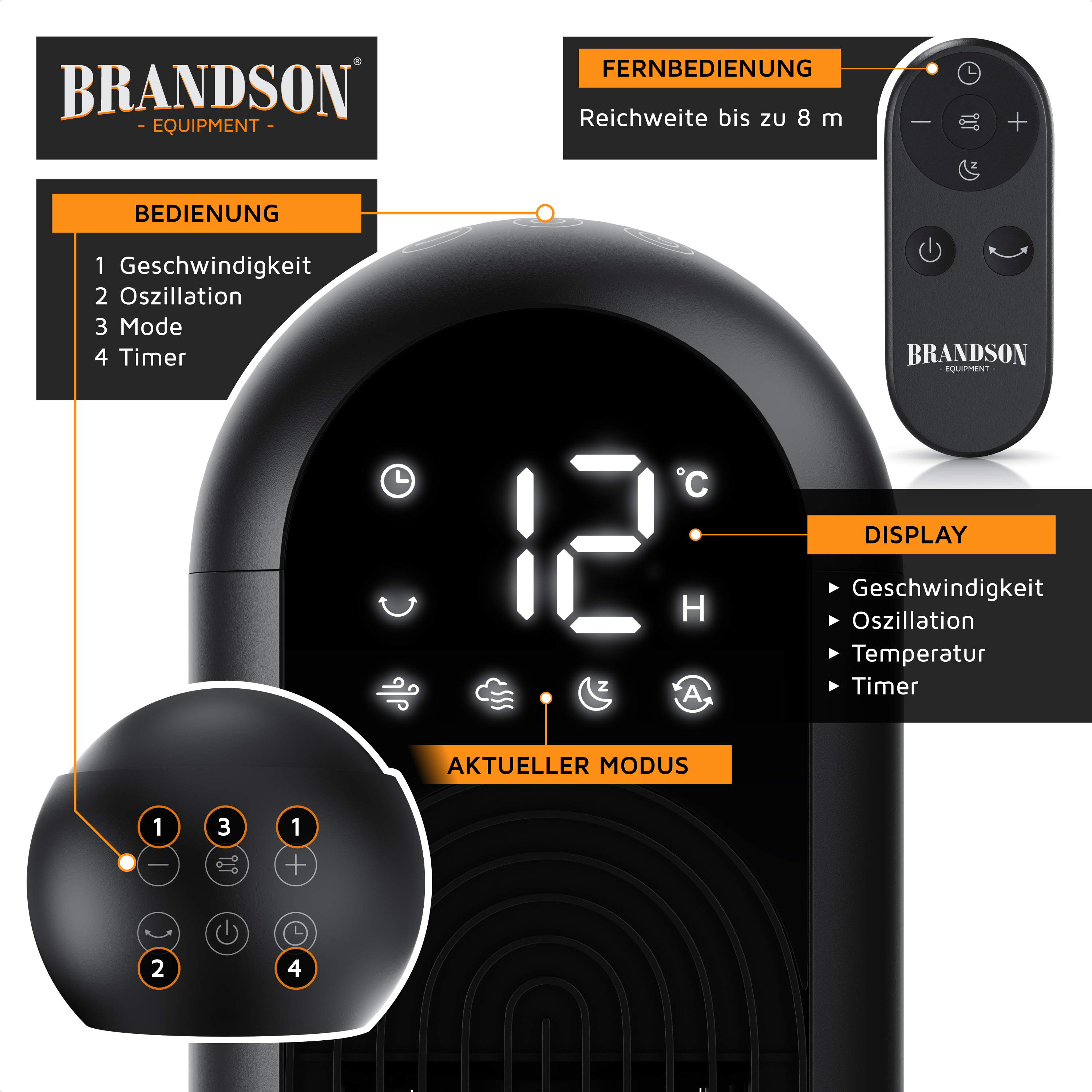 Brandson Turmventilator mit schwarzem Gehäuse, digitalem Display, Bedienfeld und Fernbedienung für einfache Steuerung.