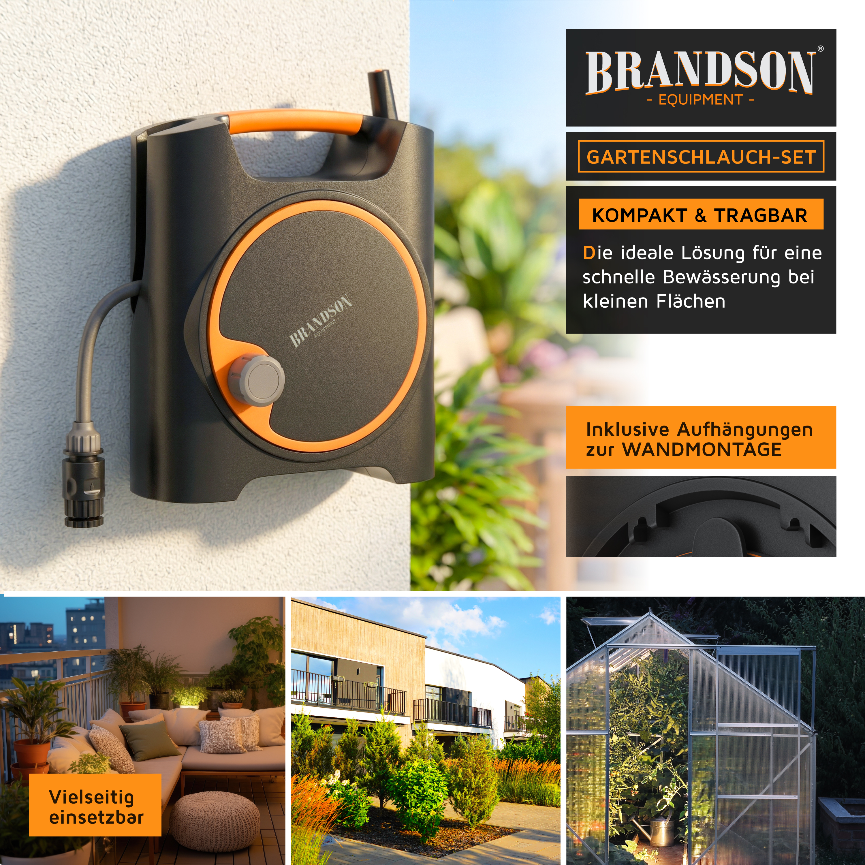 Brandson Gartenschlauch-Set in Schwarz mit orangefarbenen Akzenten, kompakt und tragbar, zur Wandmontage geeignet.