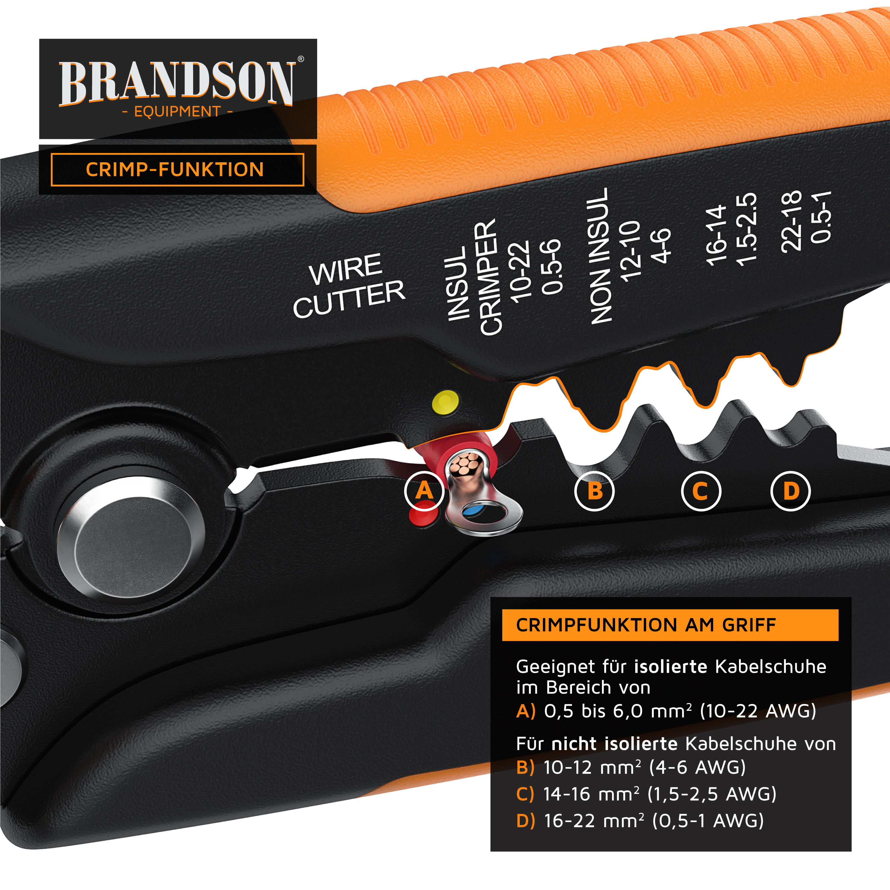 Crimpzange von Brandson mit Drahtschneider, ergonomischem Griff und klarer Beschriftung für isolierte und nicht isolierte Steckverbinder.