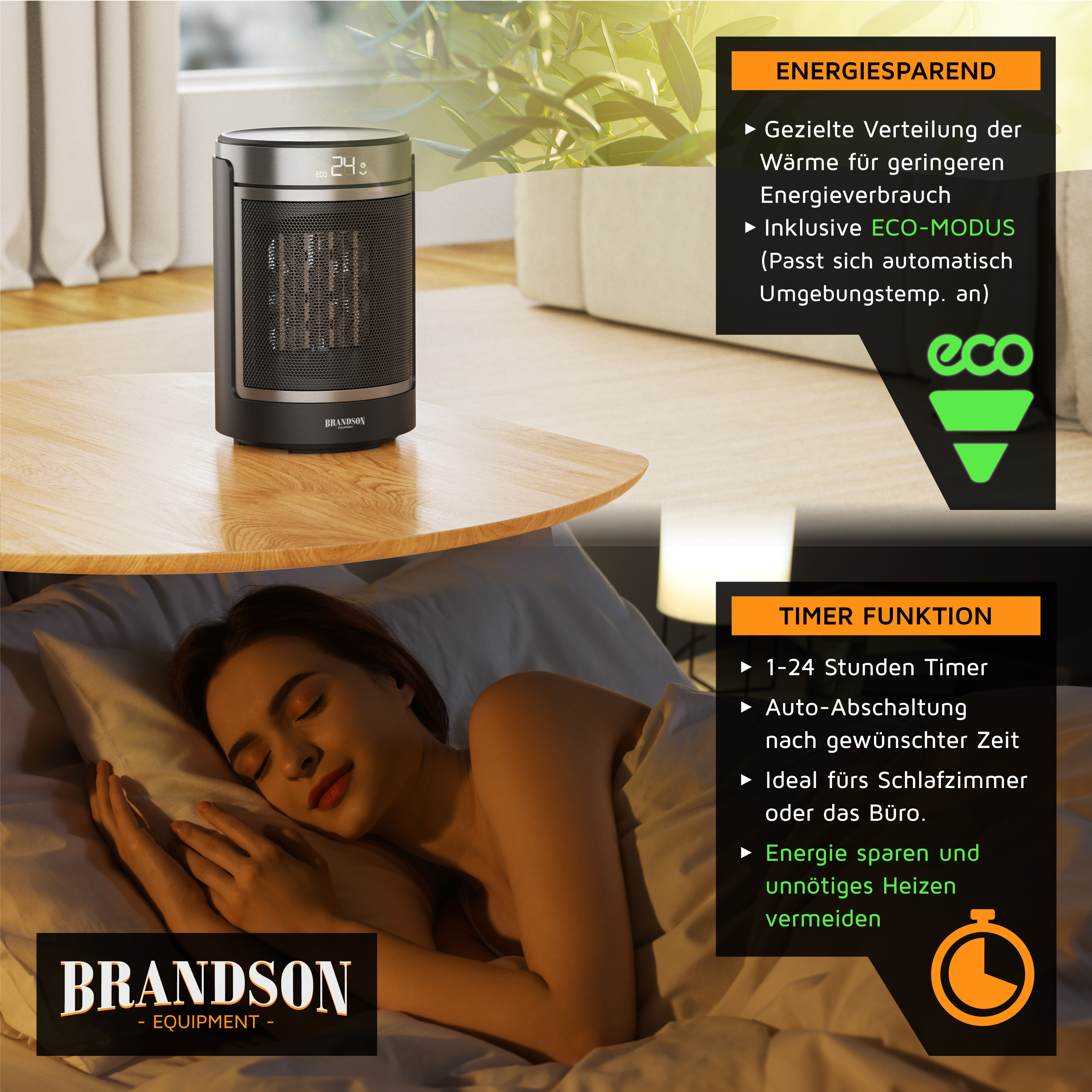 Brandson Heizlüfter mit digitalem Display, schwarzem Gehäuse und ECO-Modus, platziert auf einem Tisch neben einem schlafenden Menschen.