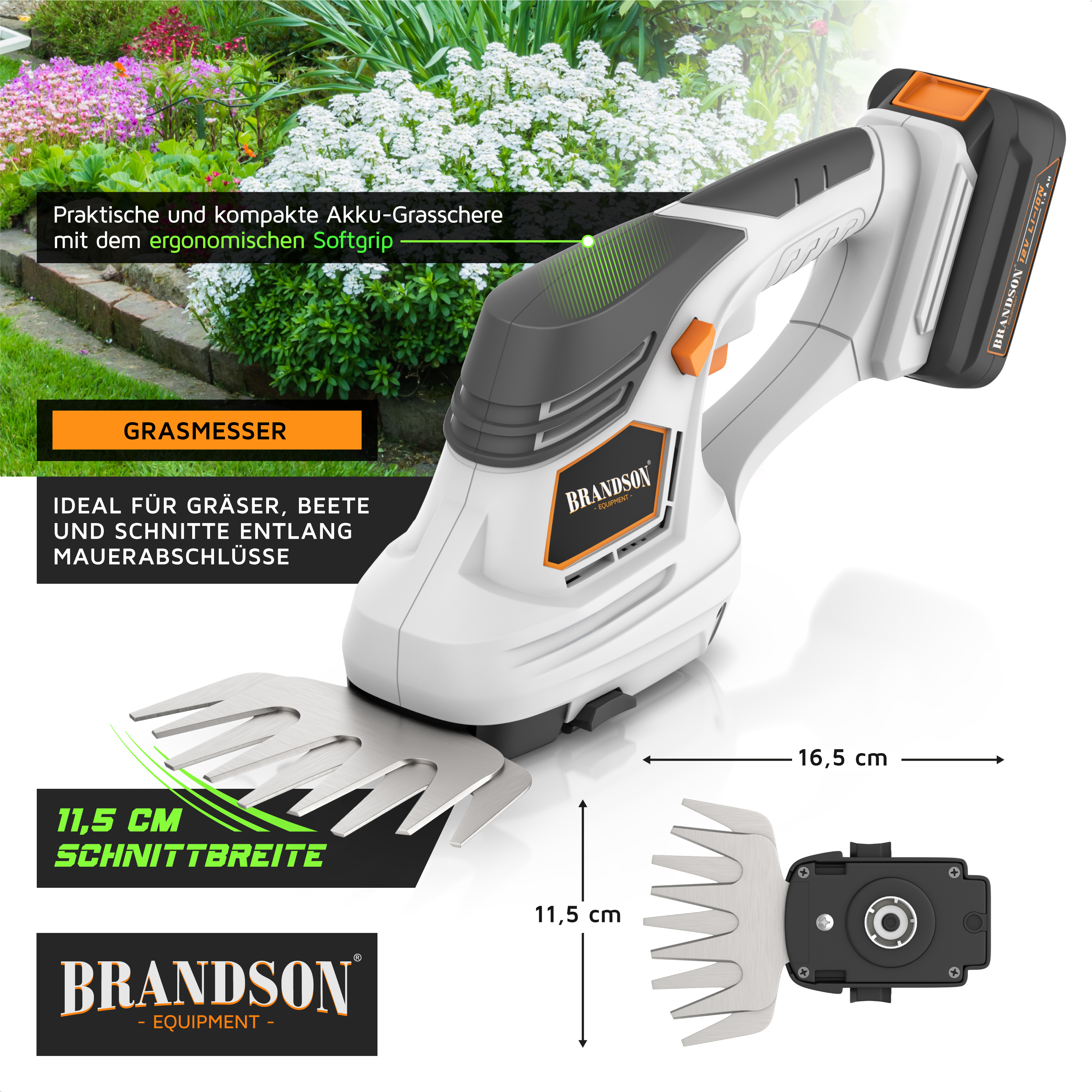 Brandson Grasschere mit ergonomischem Softgriff, kompaktem Design und Schneidmesser aus Edelstahl zum Trimmen von Gras und Kanten.