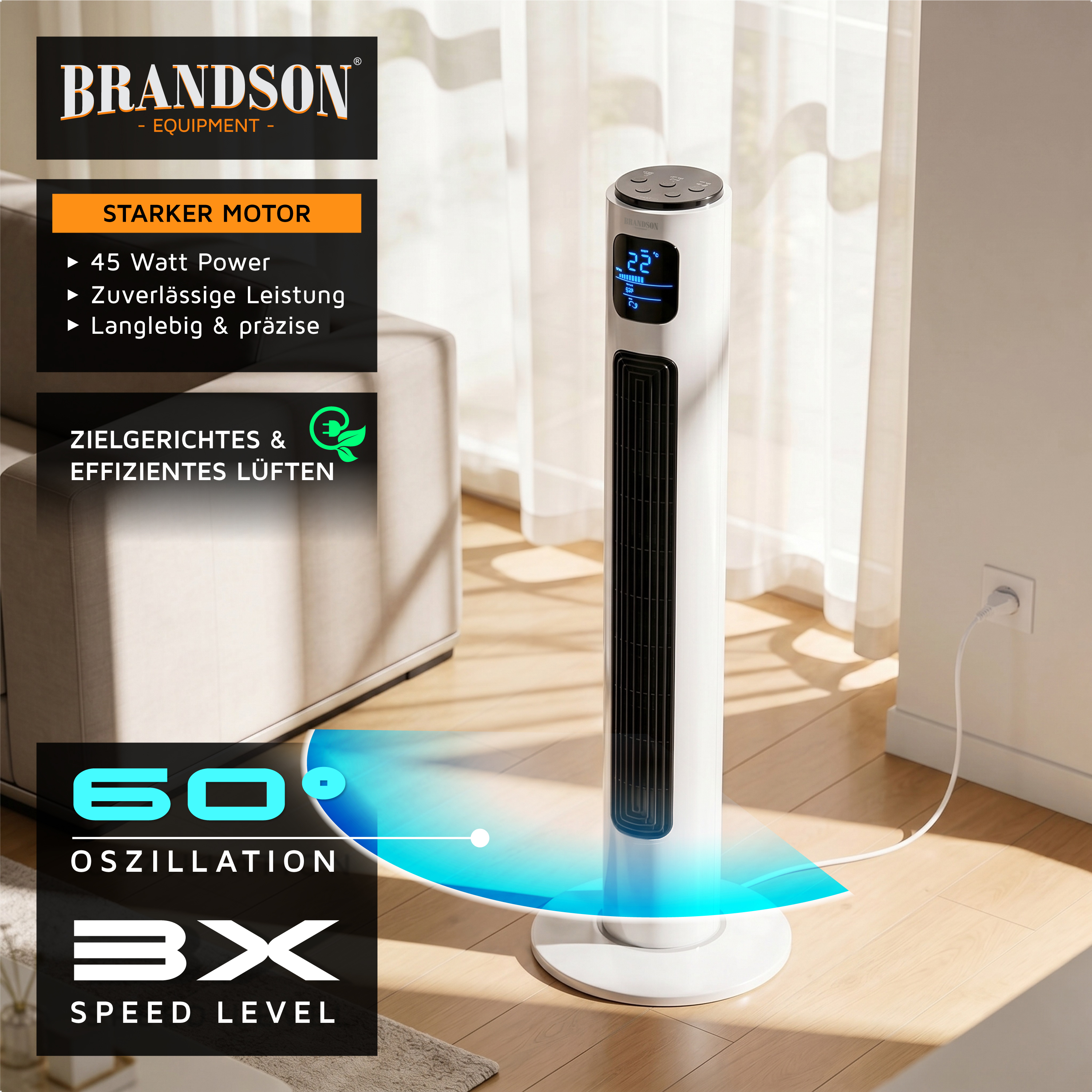 Brandson Turmventilator mit elegantem weißem Design, Digitalanzeige und Bedienfeld, positioniert in einem hellen Wohnzimmer.