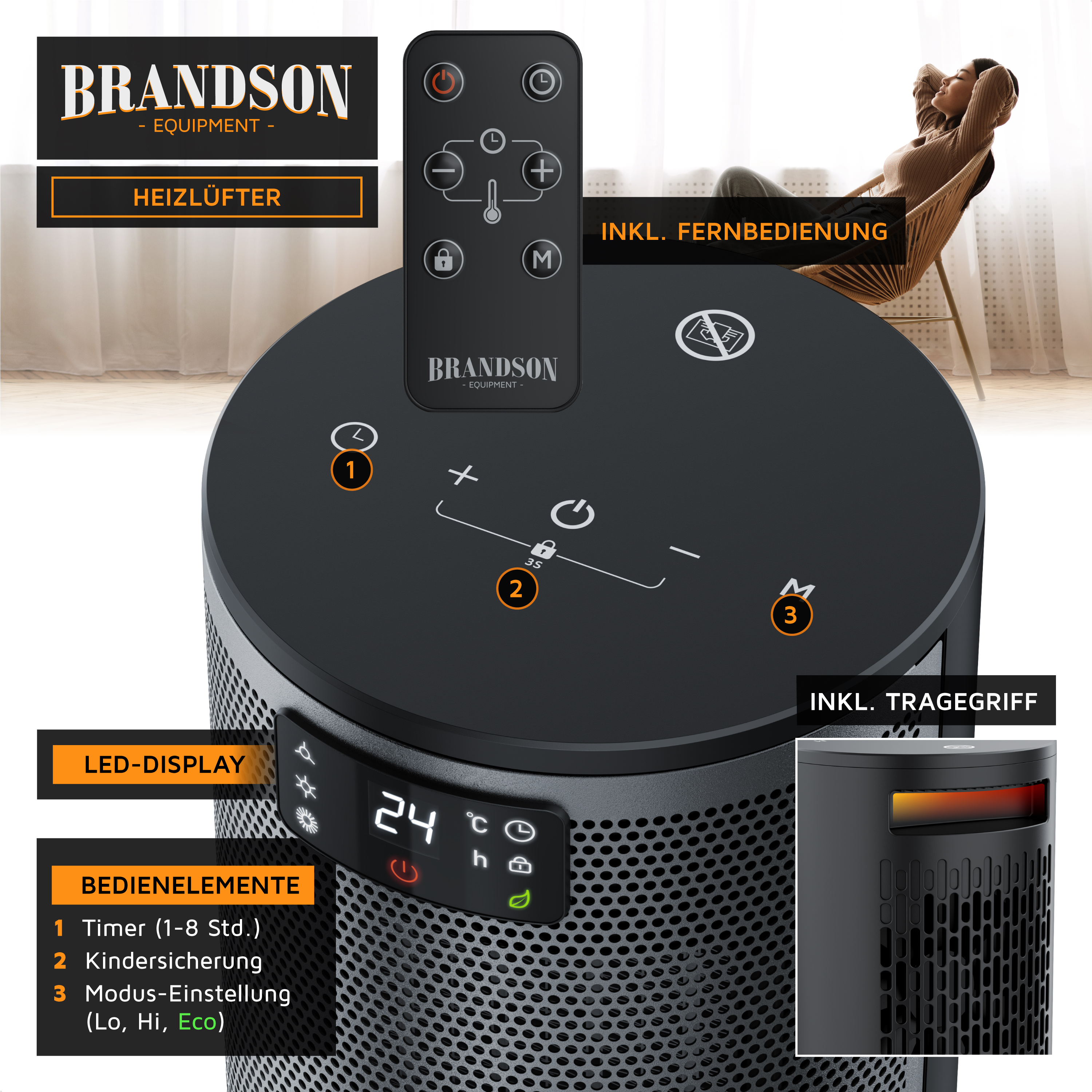 Brandson Heizlüfter mit LED-Display, Fernbedienung und Traggriff, in schwarzer Farbe, ideal für den Einsatz im Wohnbereich.