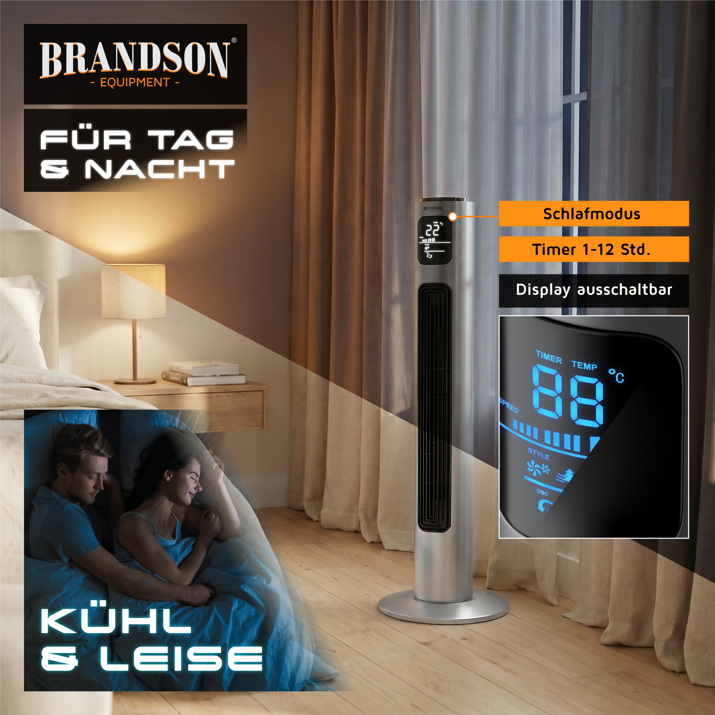 Brandson-Turmventilator mit elegantem silbernen Design, digitalem Display mit Temperatur- und Timer-Einstellungen, geeignet für den Einsatz bei Tag und Nacht.