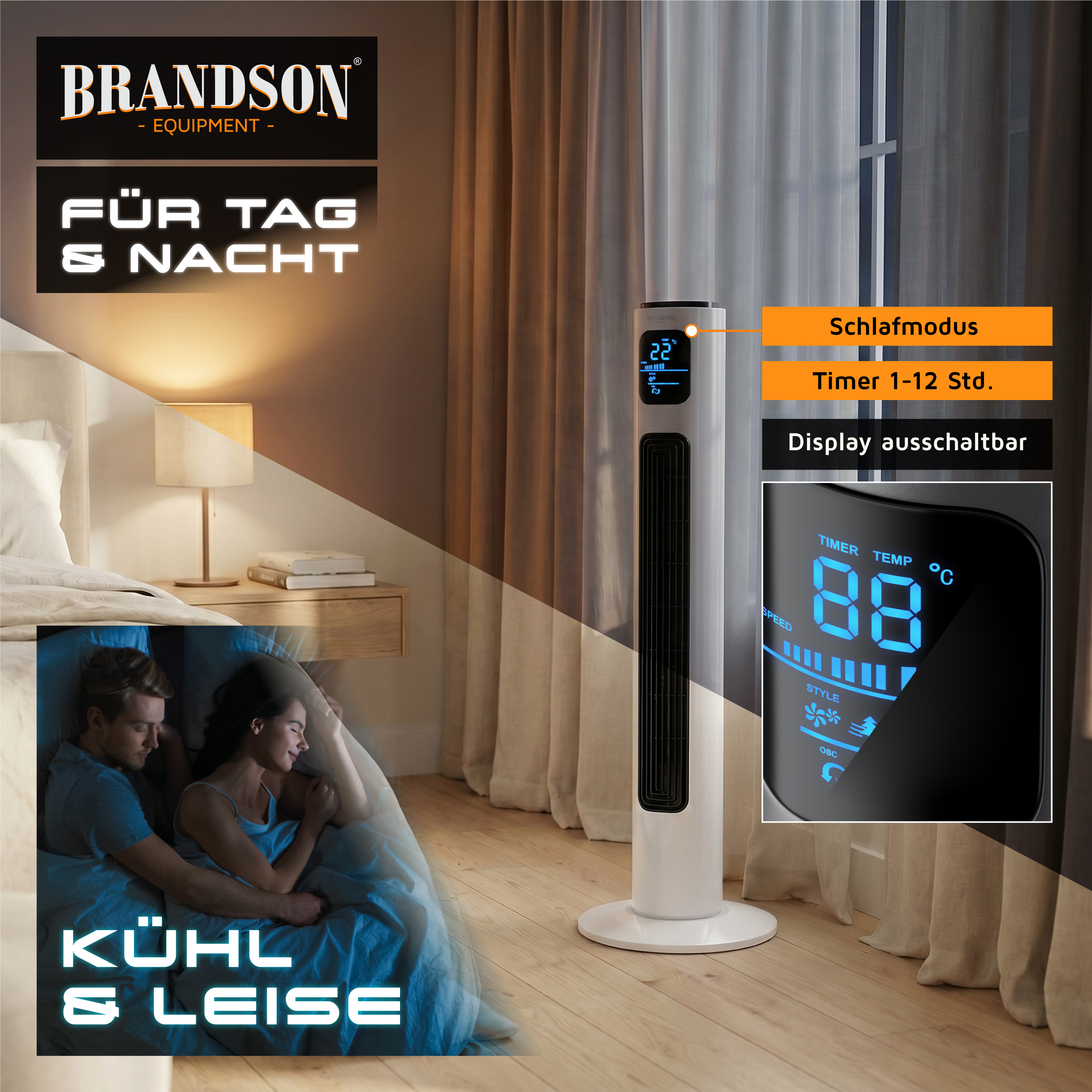 Brandson Turmventilator mit elegantem weißem Design, digitalem Display mit Temperaturanzeige und Timer, platziert in einem gemütlichen Schlafzimmerambiente.
