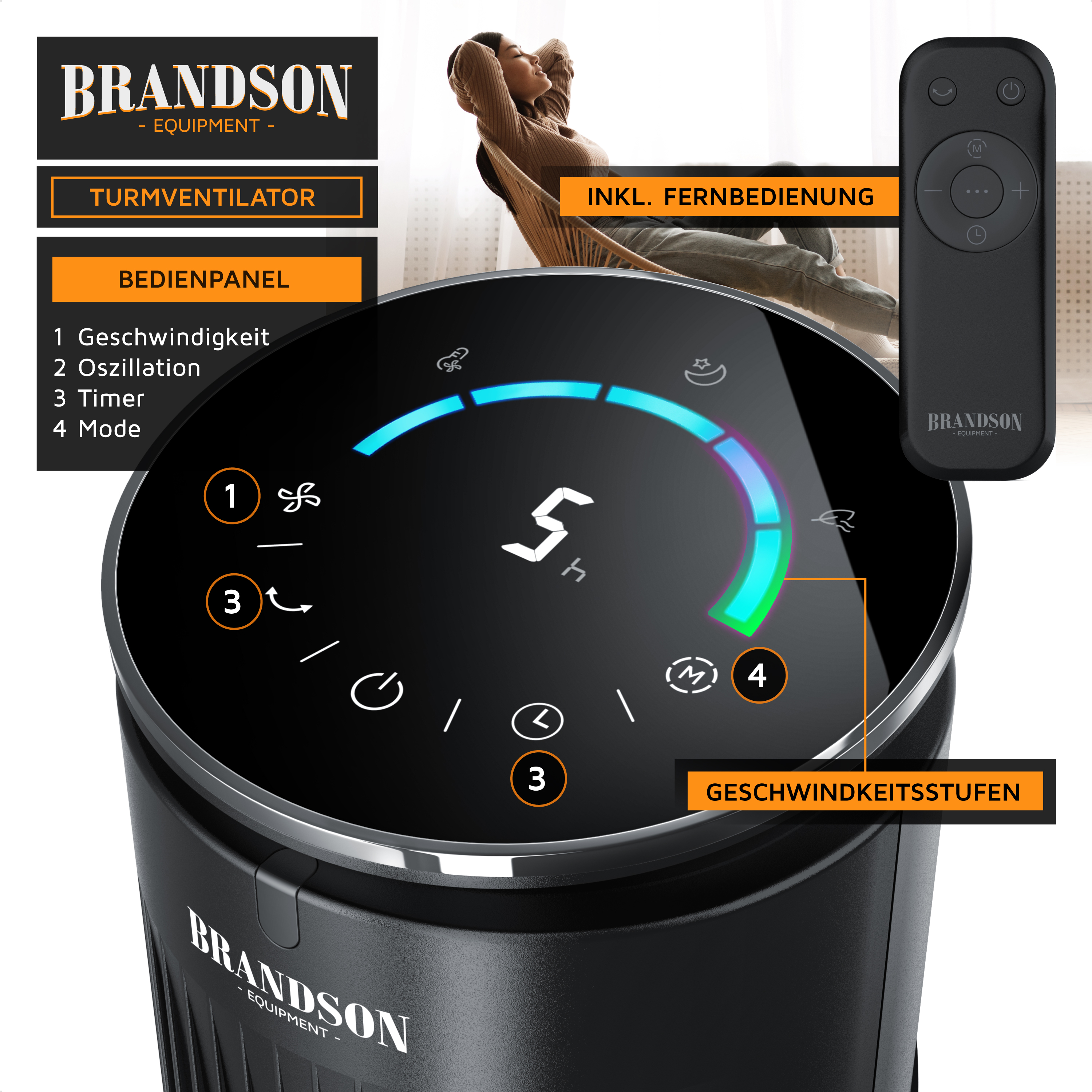 Brandson Turmventilator mit schwarzem Gehäuse, Touch-Bedienfeld und Fernbedienung, zeigt Geschwindigkeitsstufen und Timer auf Display.