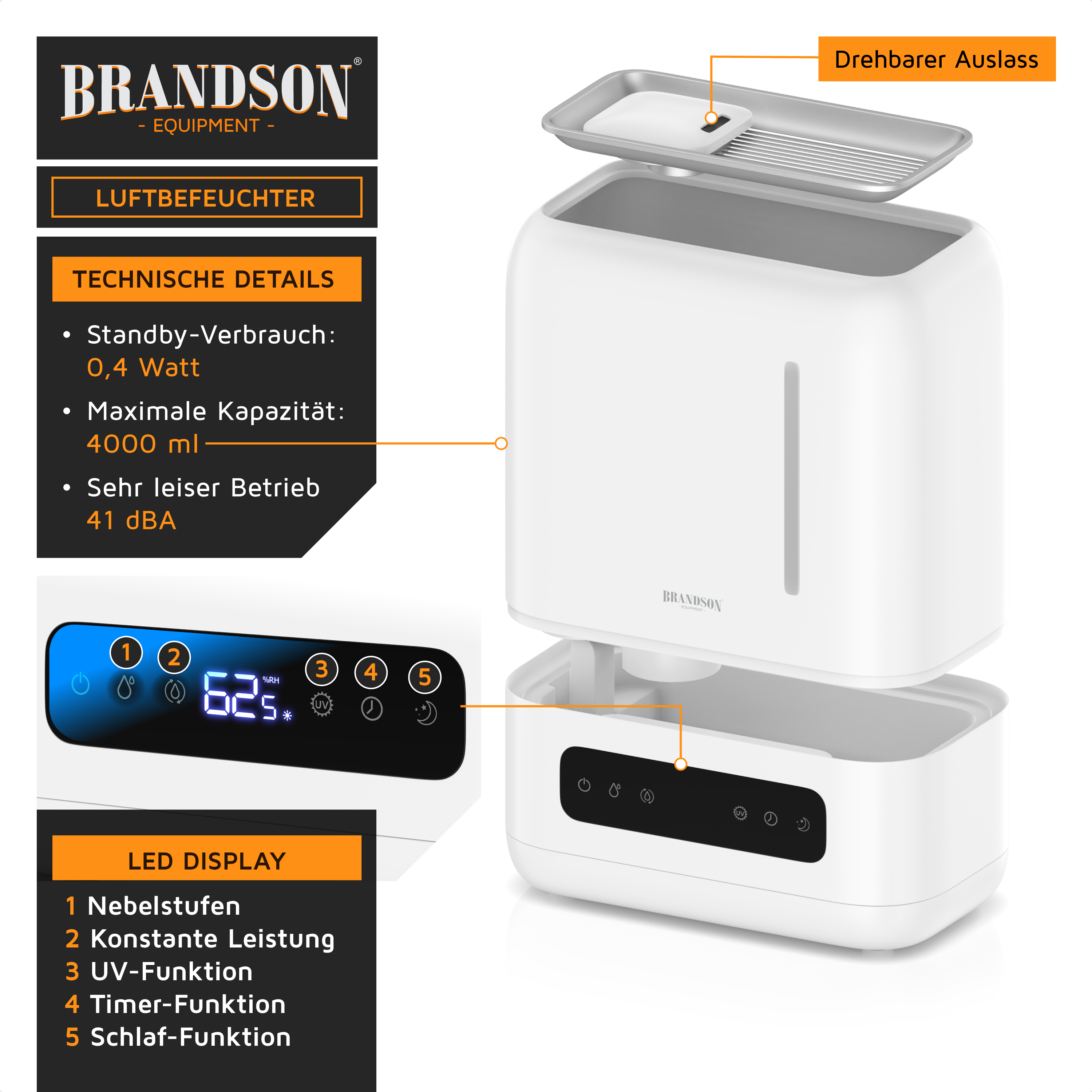 Brandson Luftbefeuchter in Weiß mit drehbarem Auslass, LED-Display und Bedienfeld, geeignet für leisen Betrieb.