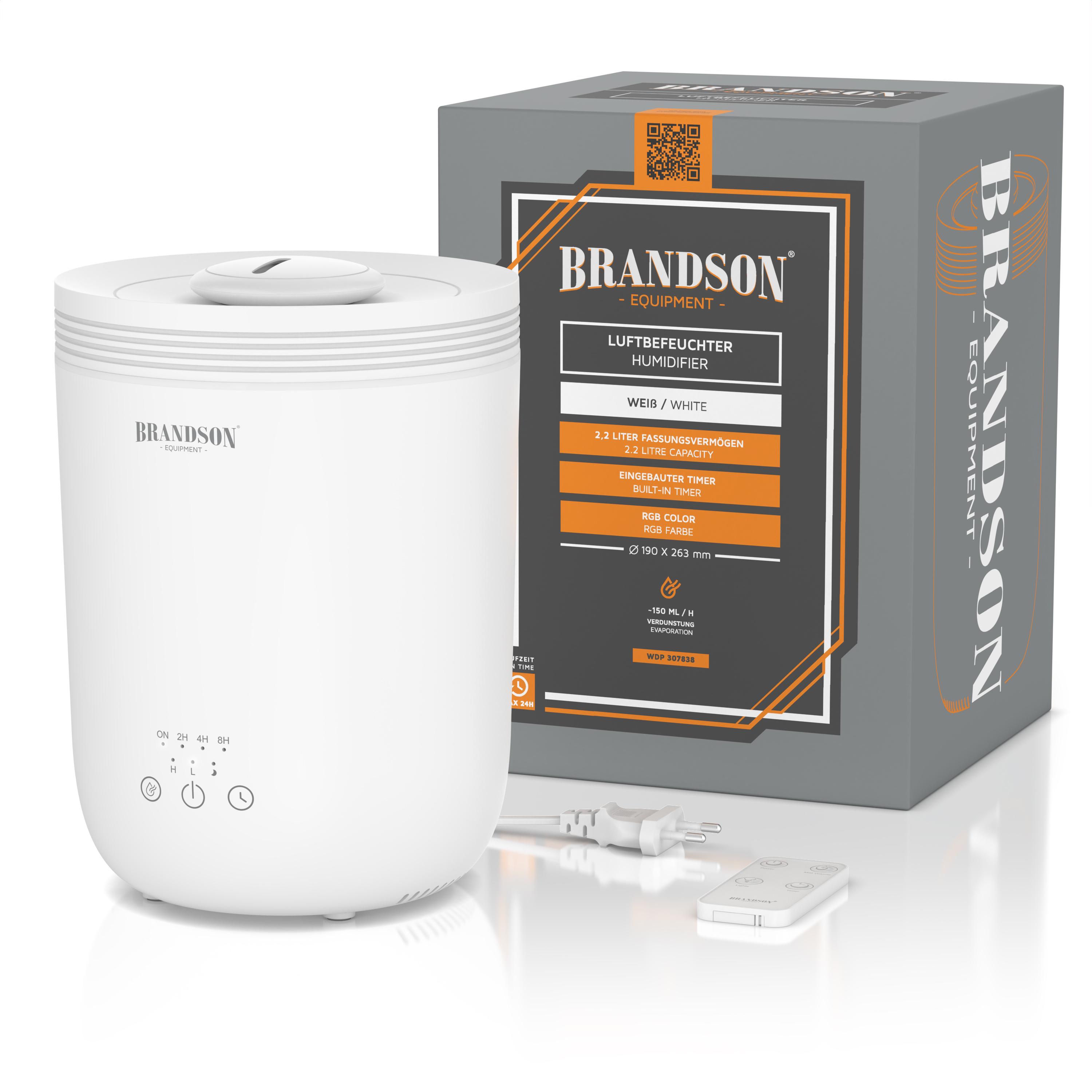 Luftbefeuchter von Brandson in Weiß mit integriertem Timer, Bedienfeld und Fernbedienung, neben der Verpackung abgebildet.