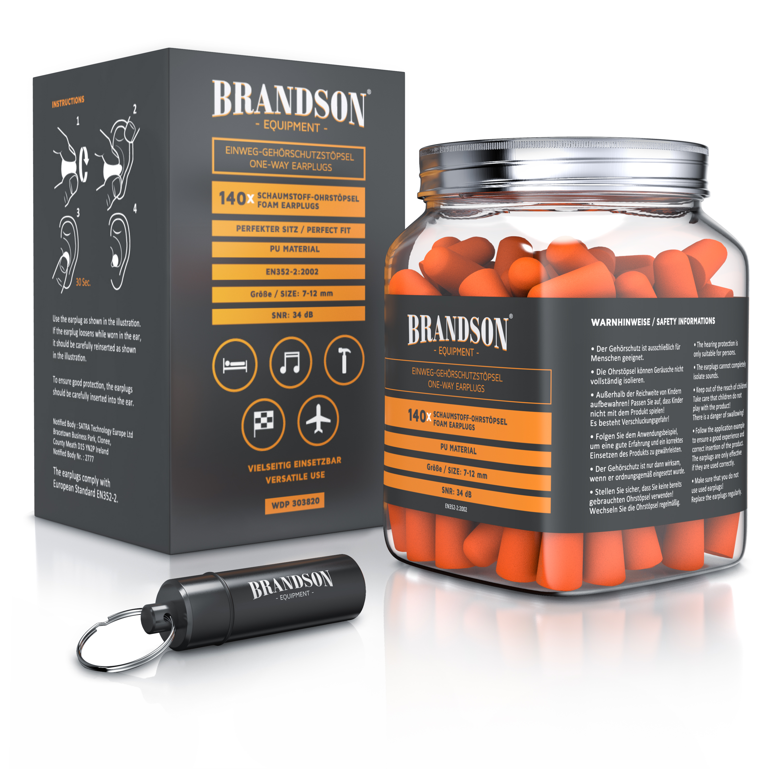 Brandson Ohrstöpsel in einer transparenten Dose mit 140 orangefarbenen Schaumstoffstöpseln und einem schwarzen Schlüsselanhänger.