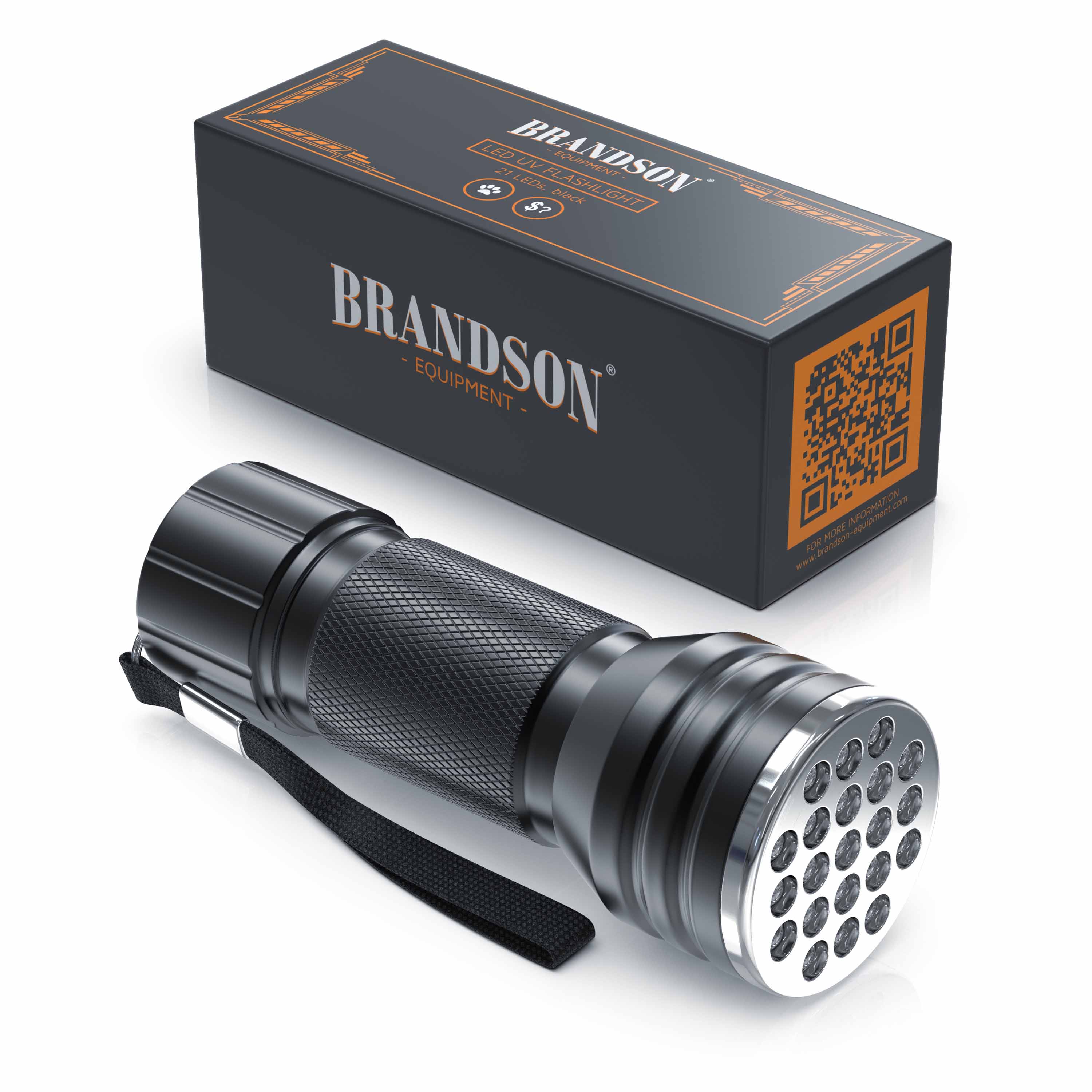 Brandson Taschenlampe in Schwarz mit strukturiertem Griff und LED-Lampen, verpackt in einer eleganten Box.