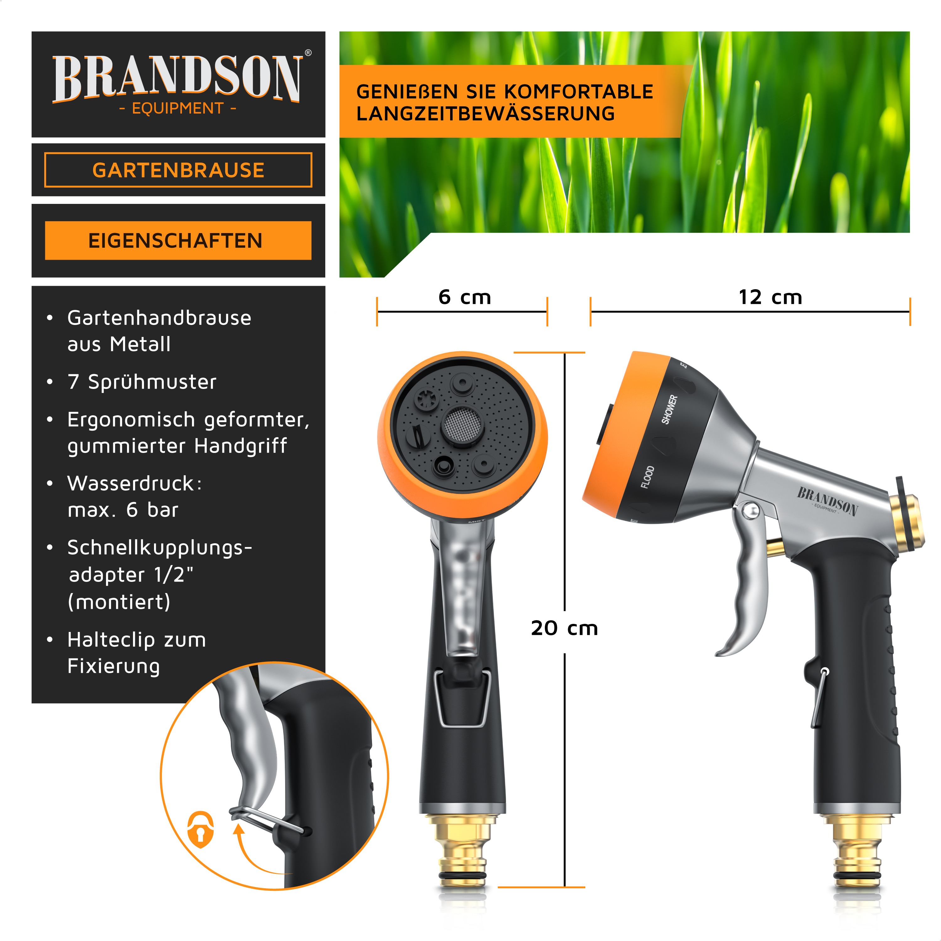 Brandson Gartenbrause aus Metall mit ergonomischem, gummiertem Handgriff und 7 Sprühmustern, ideal für die Gartenbewässerung.