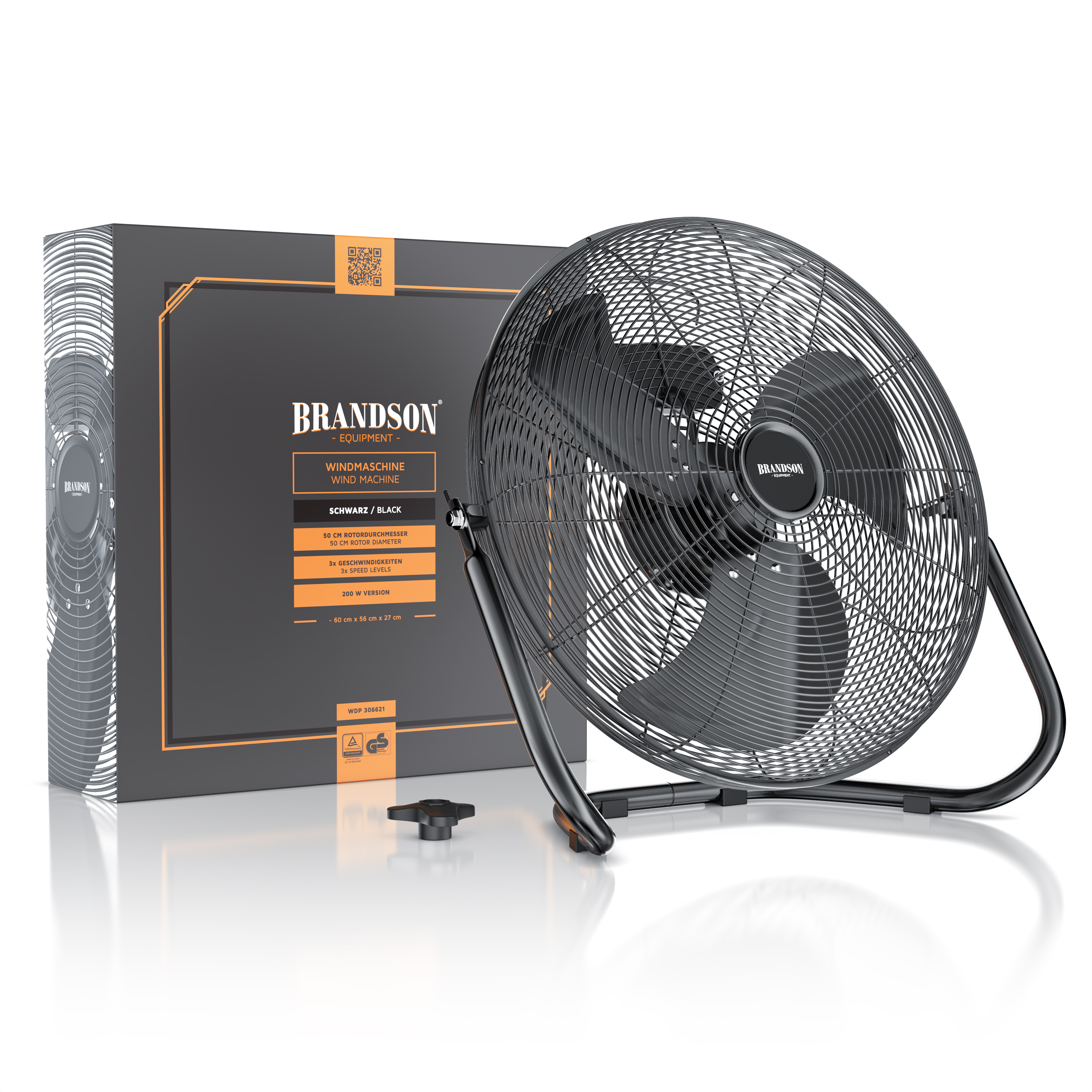 Windmaschine von Brandson in Schwarz mit stabilem Metallrahmen und sichtbarem Bedienknopf, verpackt in einer Markenbox.