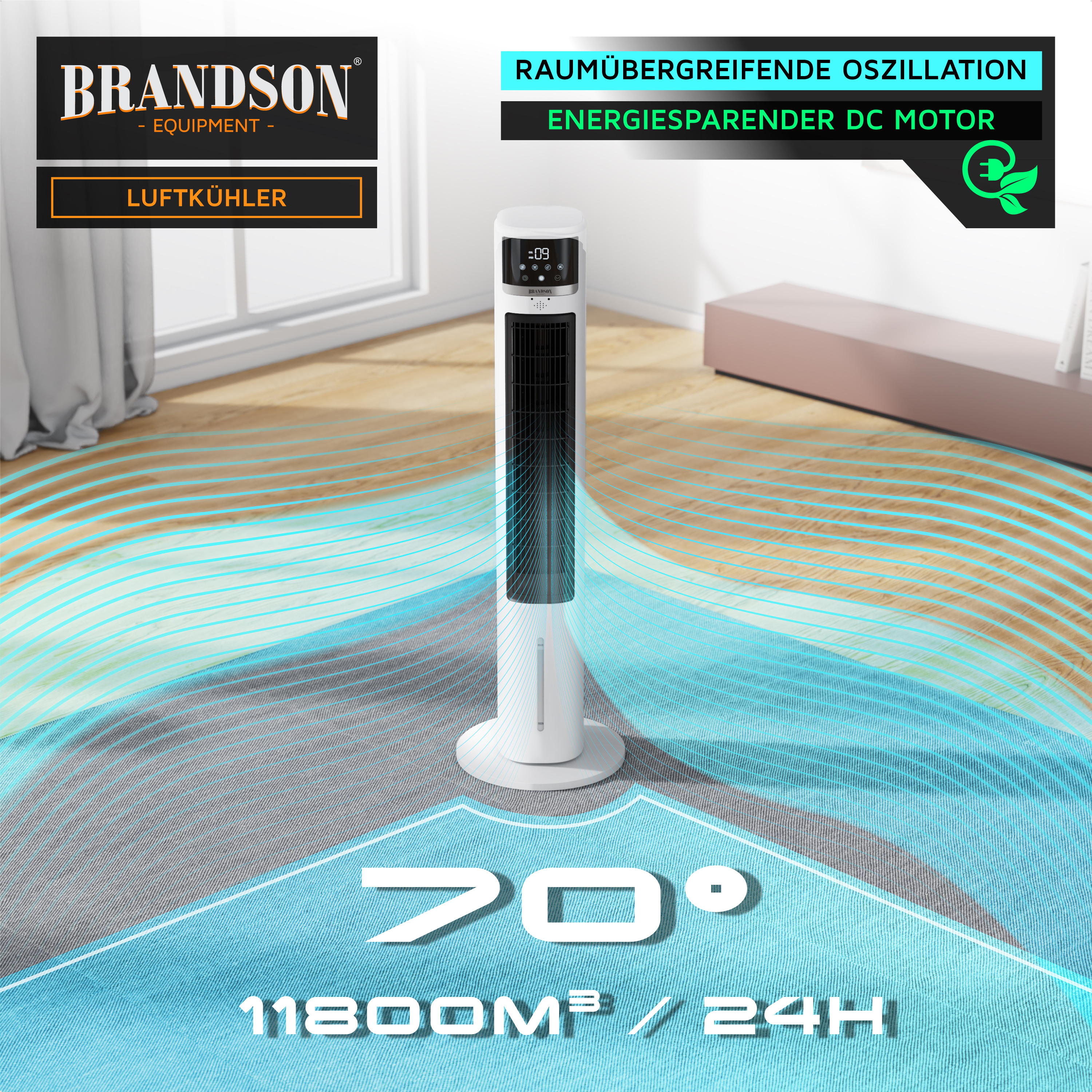 Brandson-Luftkühler mit elegantem weißem Design, Digitalanzeige und Oszillationsfunktion, platziert in einem modernen Wohnzimmer.