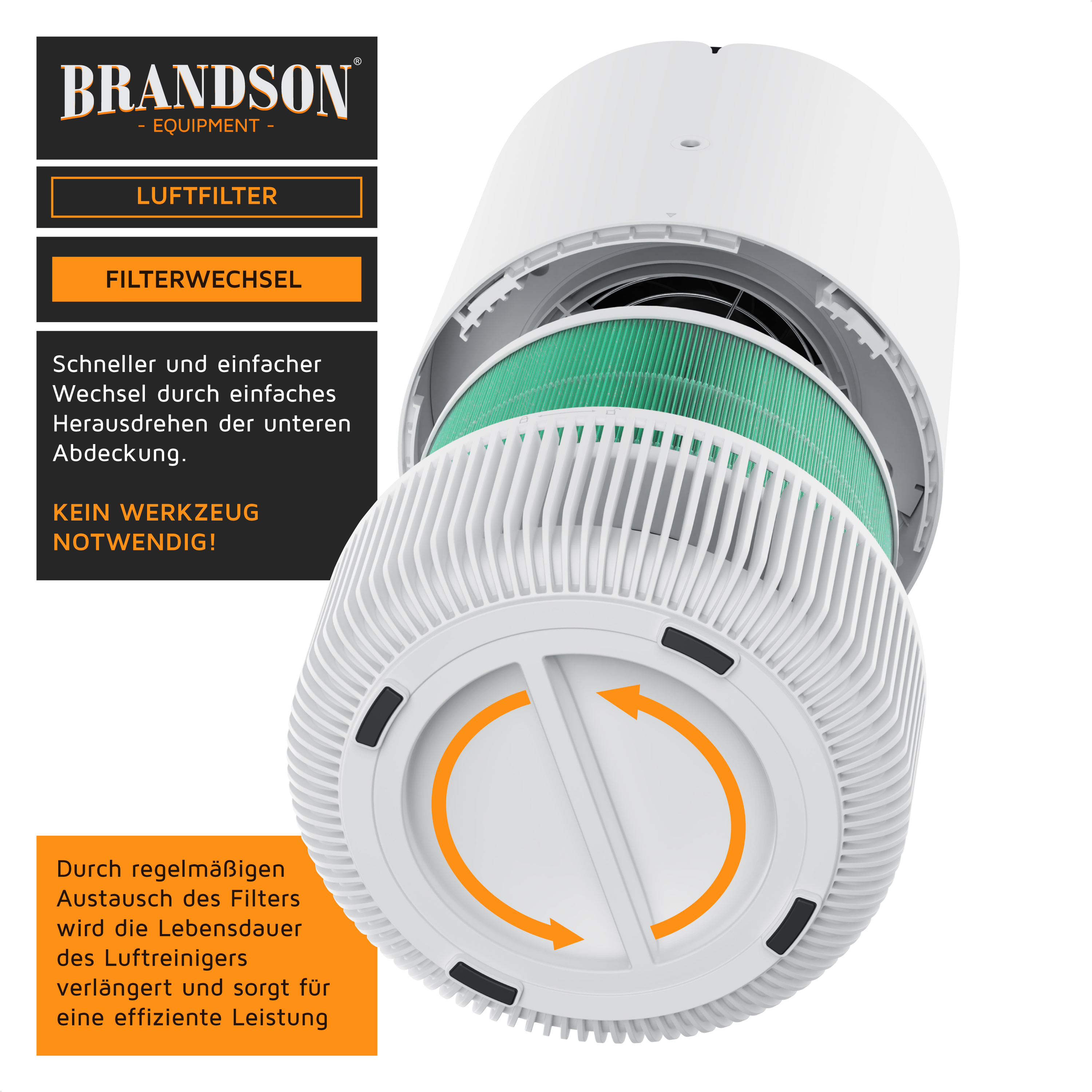 Brandson Luftfilter mit grünem Filterelement, weißem Gehäuse und einfachem Drehmechanismus für den Filterwechsel.