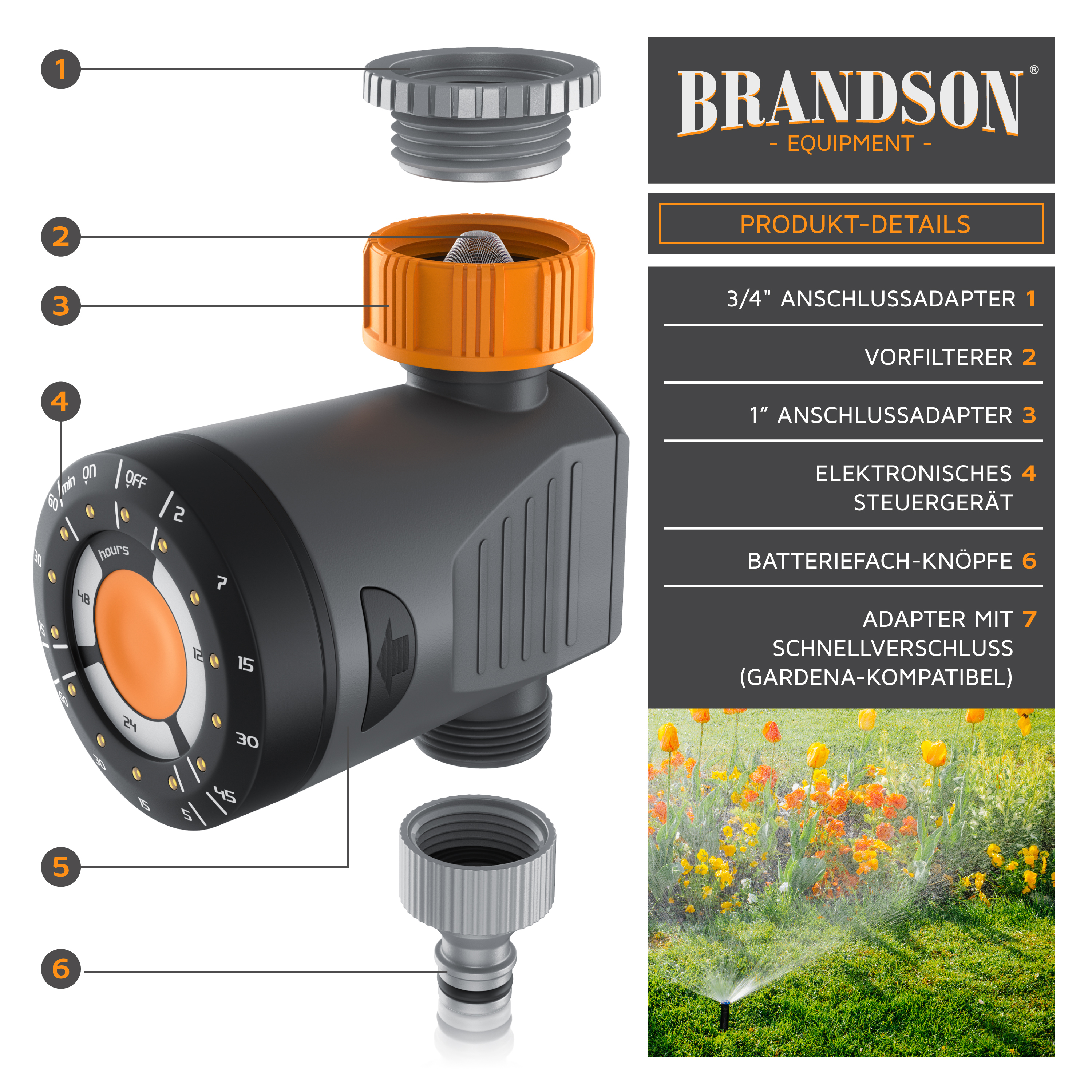 Brandson Anschlussadapter mit elektronischem Steuergerät, orangefarbenem Drehknopf und grauem Gehäuse für Gartenbewässerung.