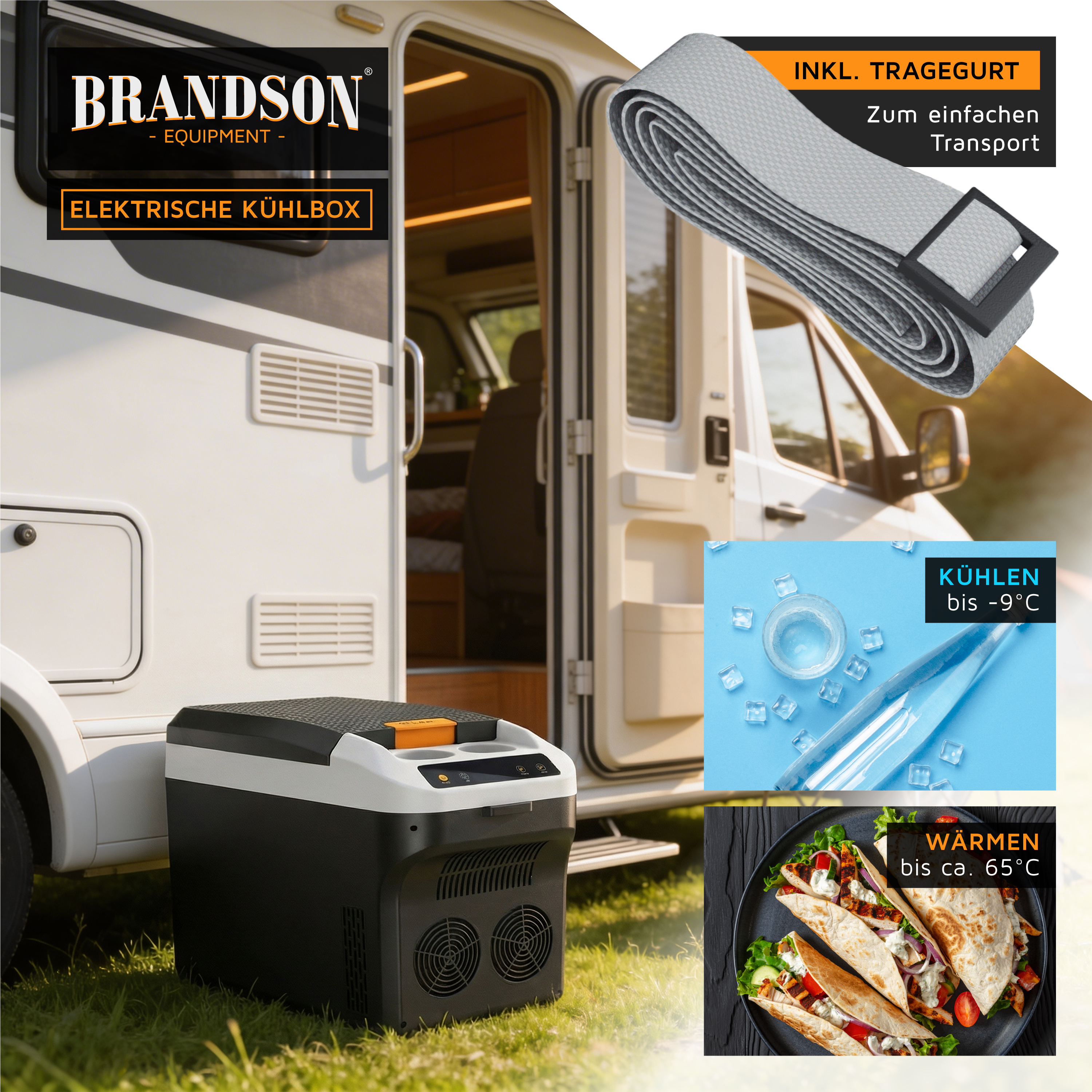 Brandson elektrische Kühlbox mit Tragegurt, schwarzem Gehäuse und orangefarbenem Deckel, ideal für den Einsatz im Freien.