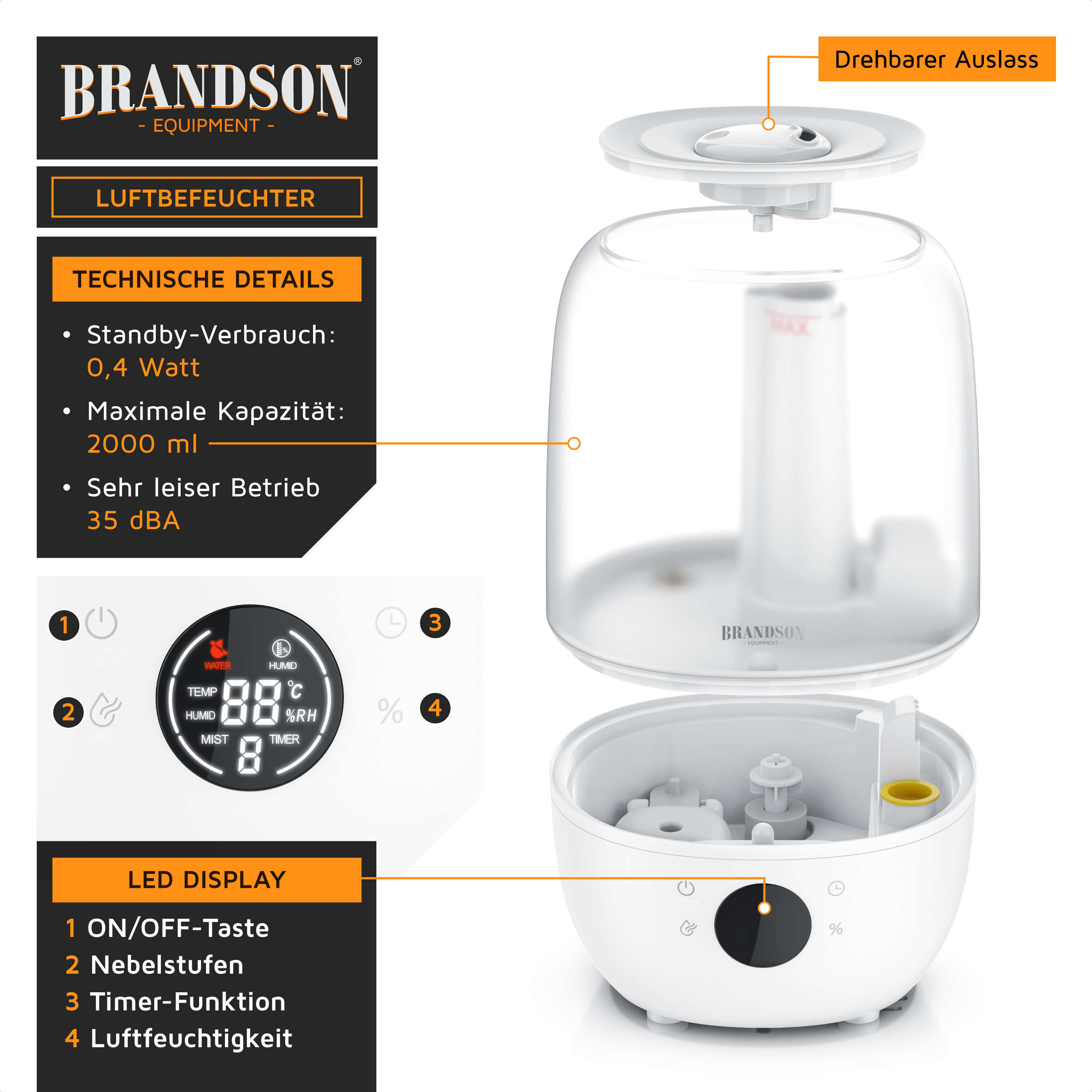 Brandson Luftbefeuchter mit transparentem Wassertank, LED-Display und drehbarem Auslass für optimale Luftfeuchtigkeit.