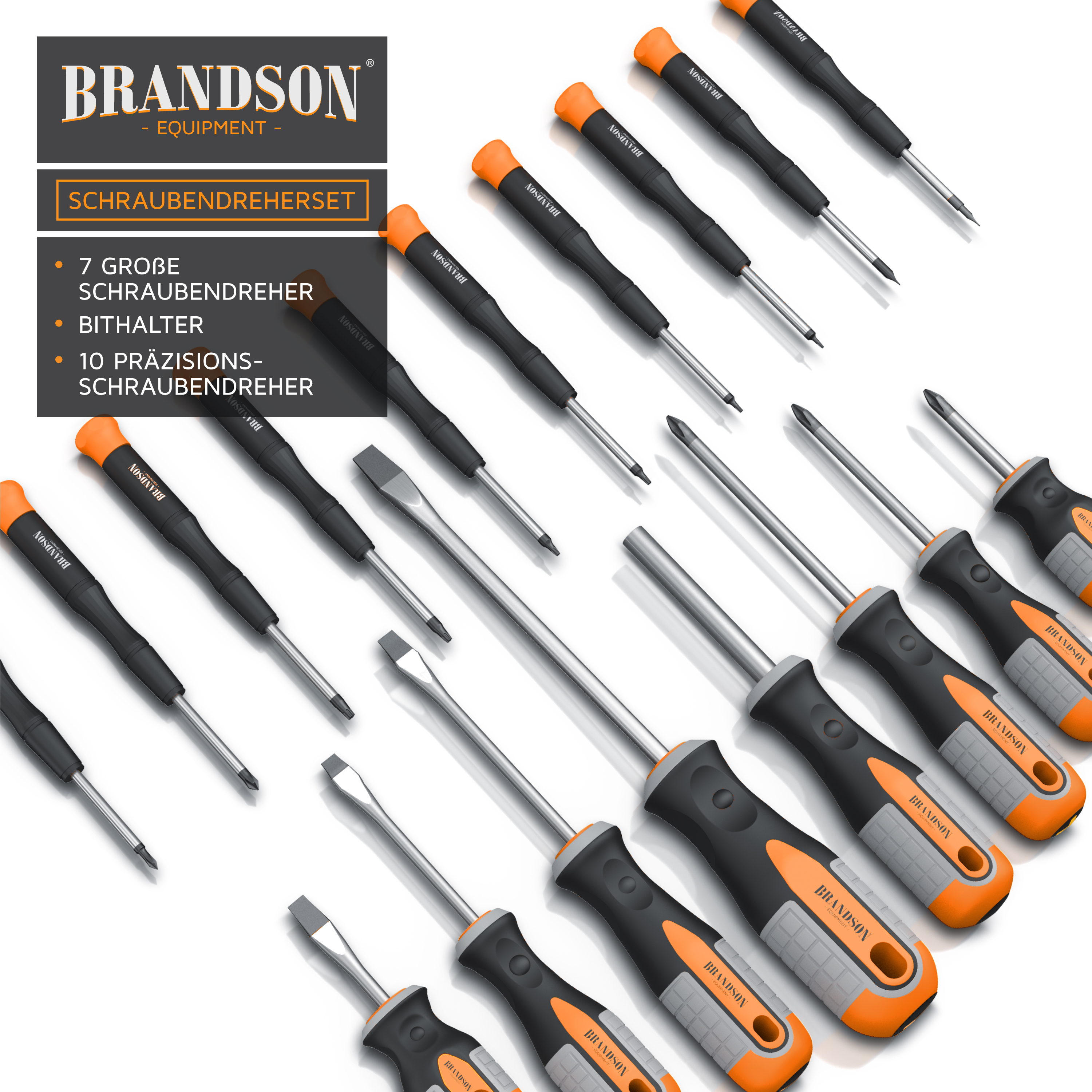 Brandson Schraubendreherset mit 7 großen Schraubendrehern und 10 Präzisionsschraubendrehern in Schwarz und Orange, ergonomische Griffe.