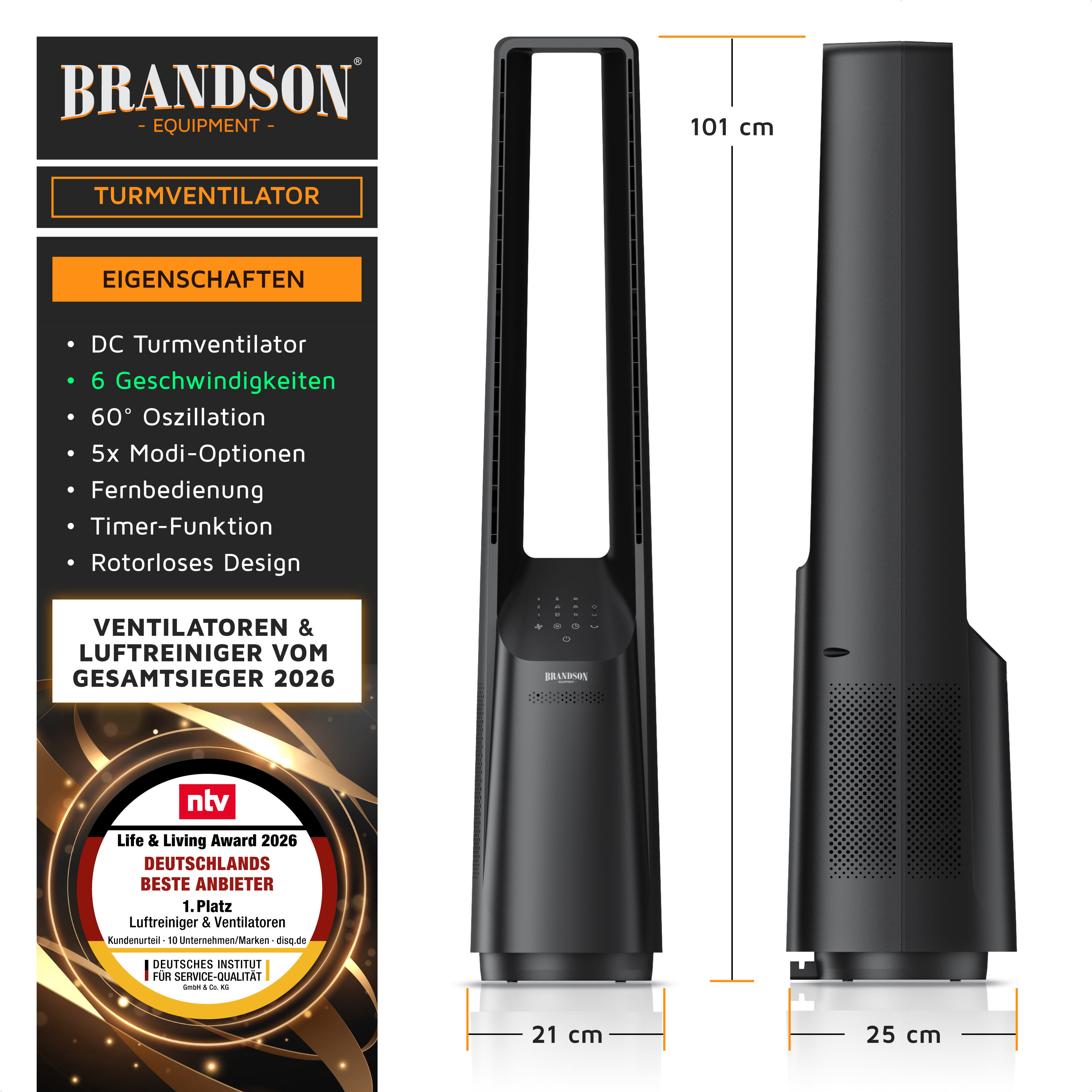 Brandson Turmventilator in schwarzer Farbe mit rotlosem Design, Bedienfeld und Fernbedienung, ideal für die Raumkühlung.