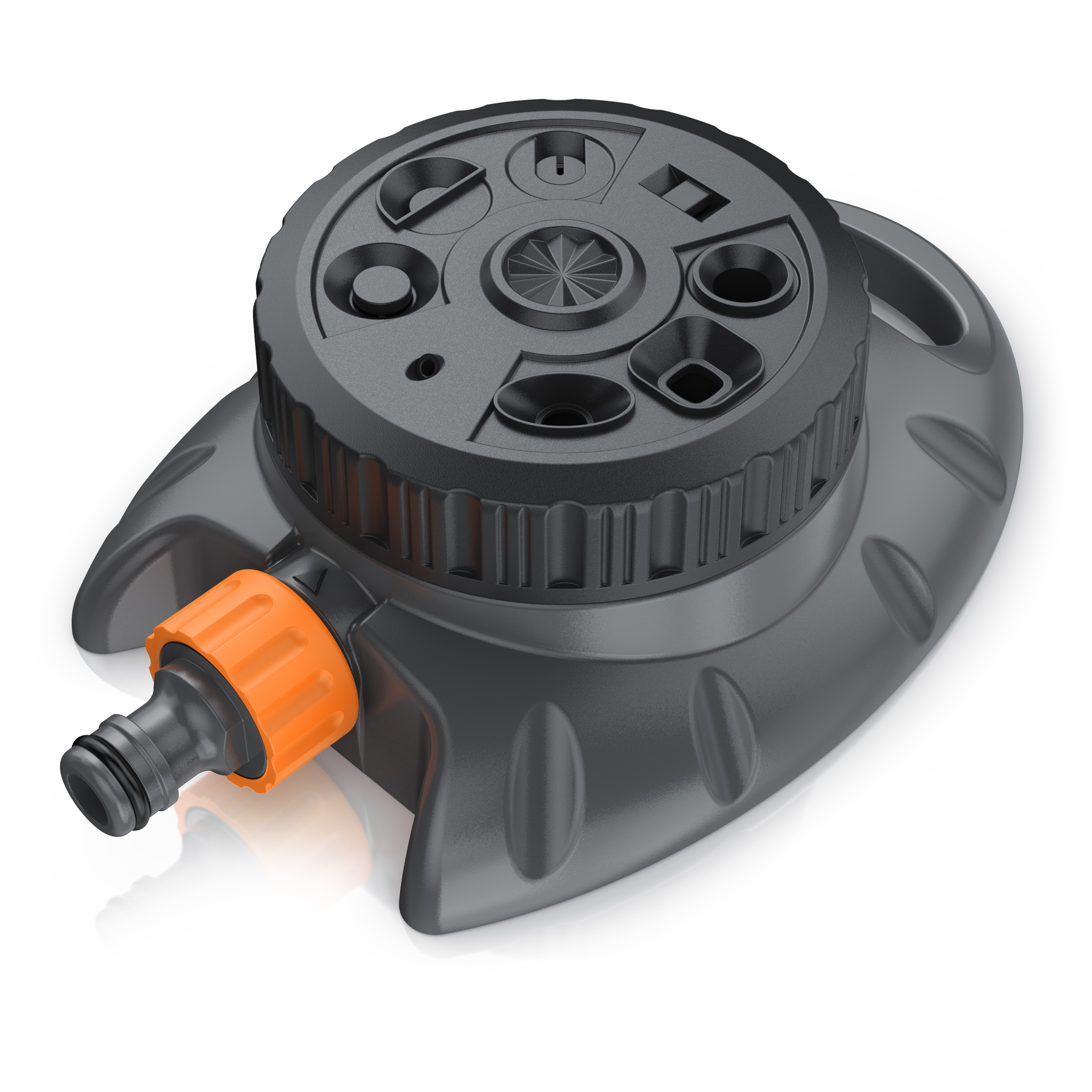 Brandson Sprinkler mit mehreren Anschlussmöglichkeiten, schwarzem Gehäuse und orangefarbenem Anschluss, ideal für Gartenbewässerung.