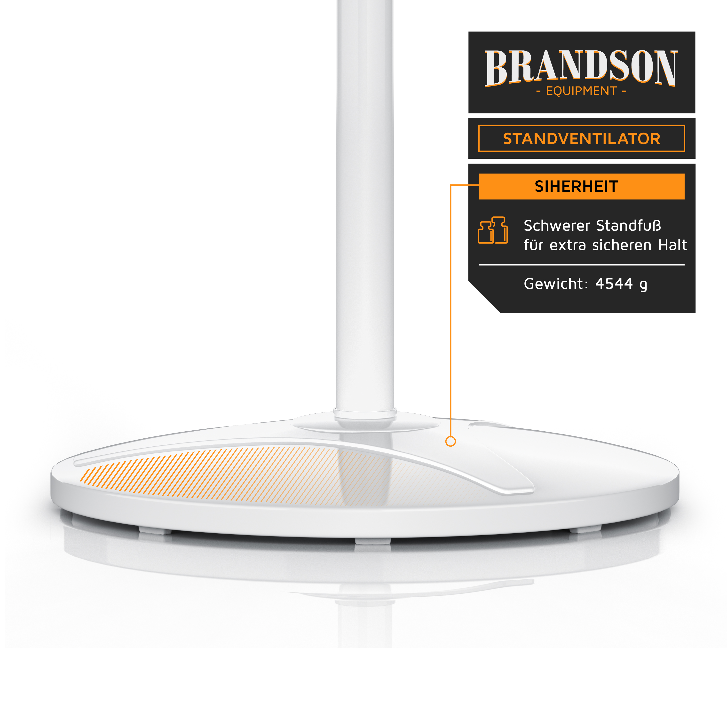 Standventilator von Brandson mit schwerem Sockel für zusätzliche Stabilität, elegantem weißem Design und glatter Oberfläche.