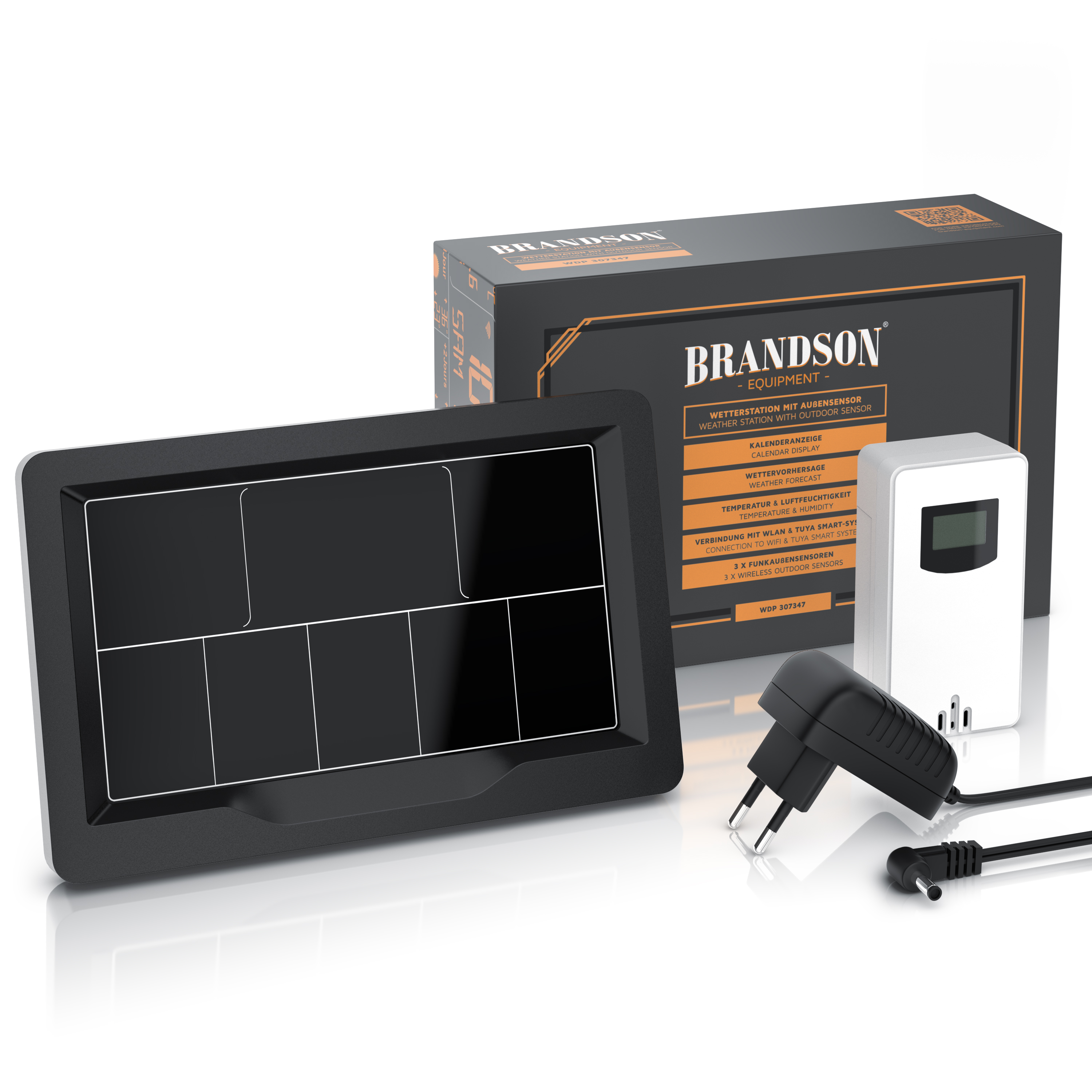Brandson-Wetterstation mit Außensensor, einem eleganten schwarzen Display und verschiedenen Anschlusskabeln, verpackt in einer Markenbox.