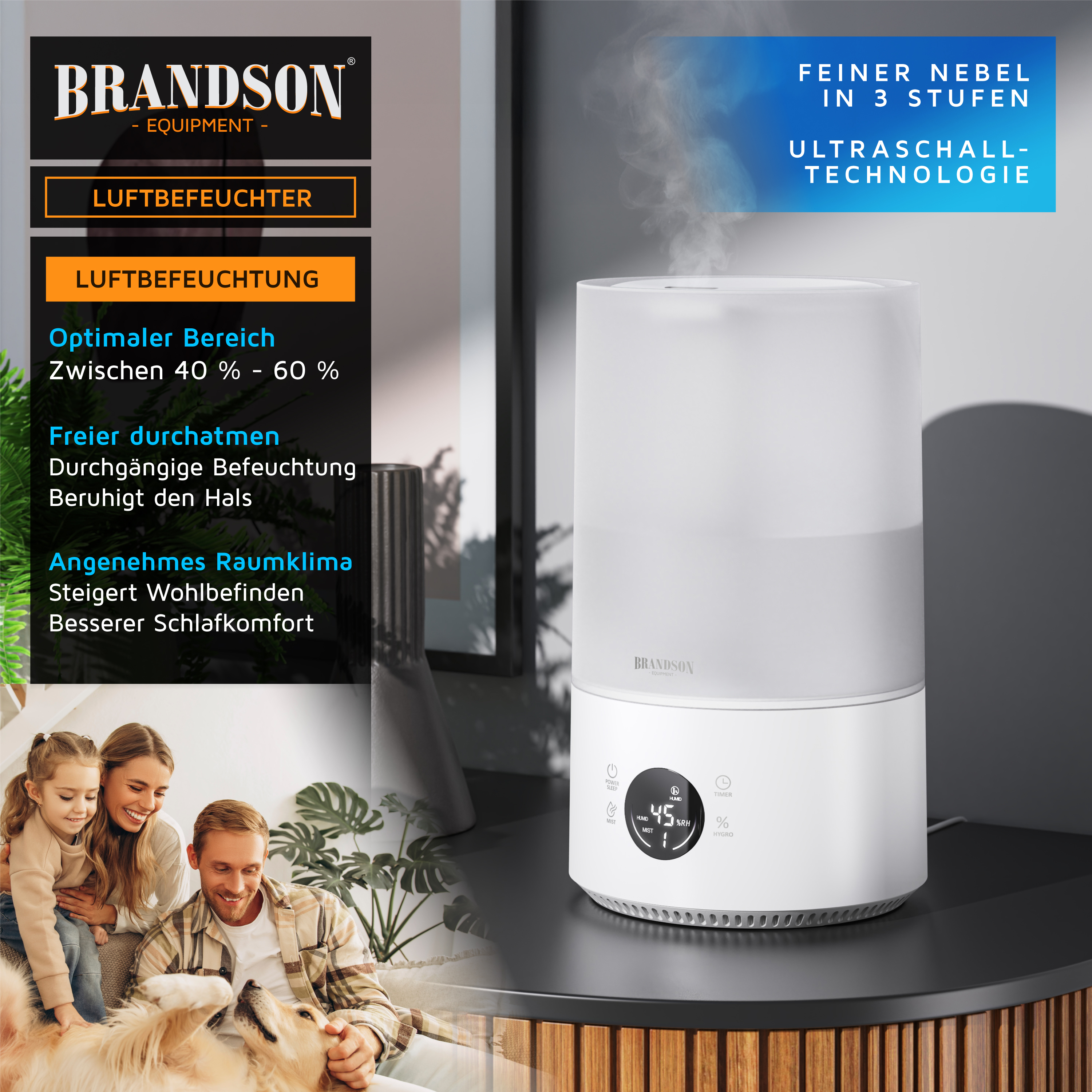 Brandson Luftbefeuchter im modernen Design mit transparentem Wassertank, Bedienfeld und digitalem Display auf einem Tisch.