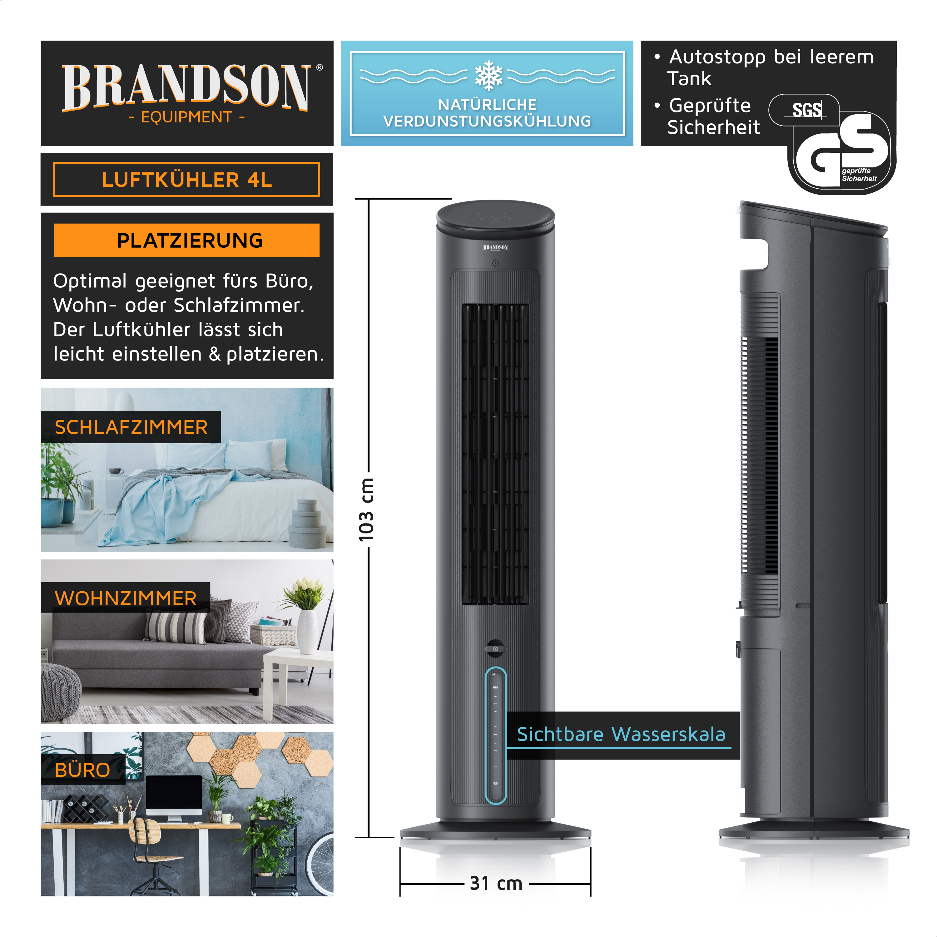 Brandson Luftkühler 4L in Schwarz mit sichtbarer Wasserskala, geeignet für Büro und Wohnräume, kompakte Bauform und elegantes Design.