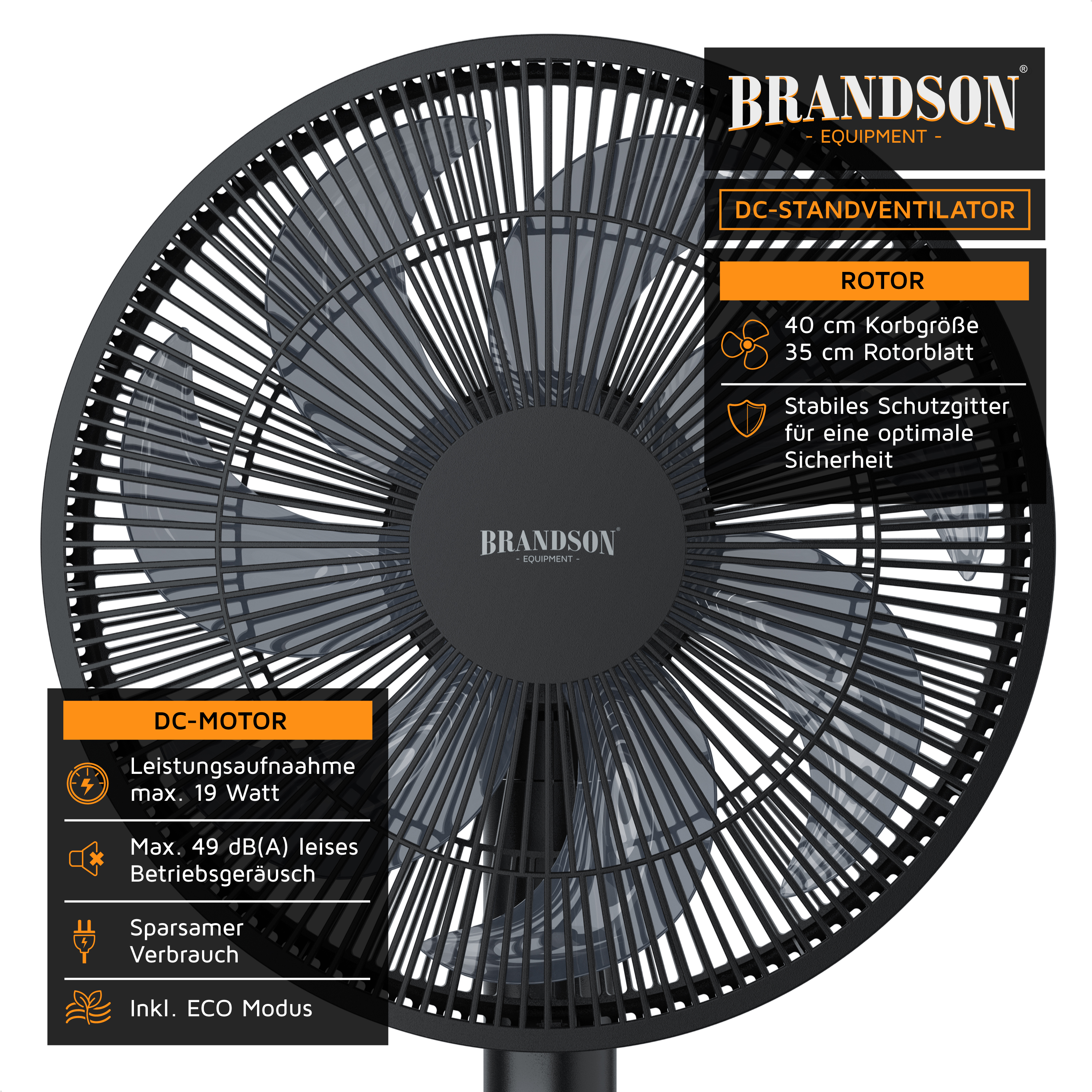 Brandson Standventilator mit schwarzem Gehäuse, 40 cm Korbgröße und stabilem Schutzgitter für Sicherheit.