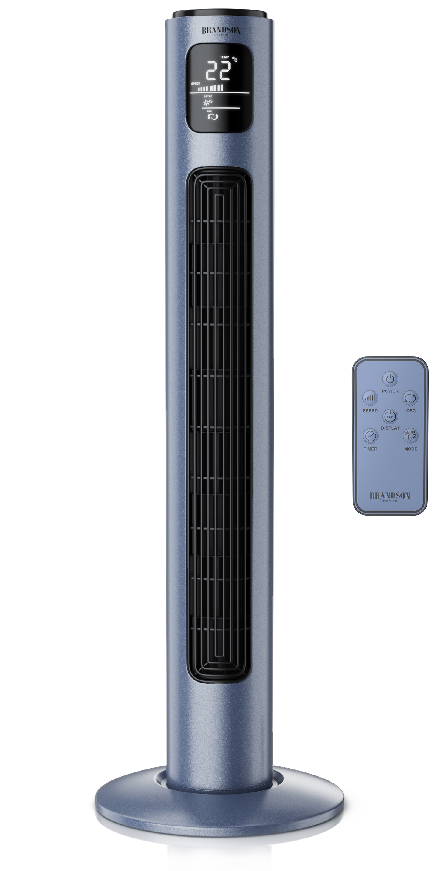 Turmventilator von Brandson im eleganten blauen Design mit Digitalanzeige und Fernbedienung, stabilem Sockel und moderner Ästhetik.