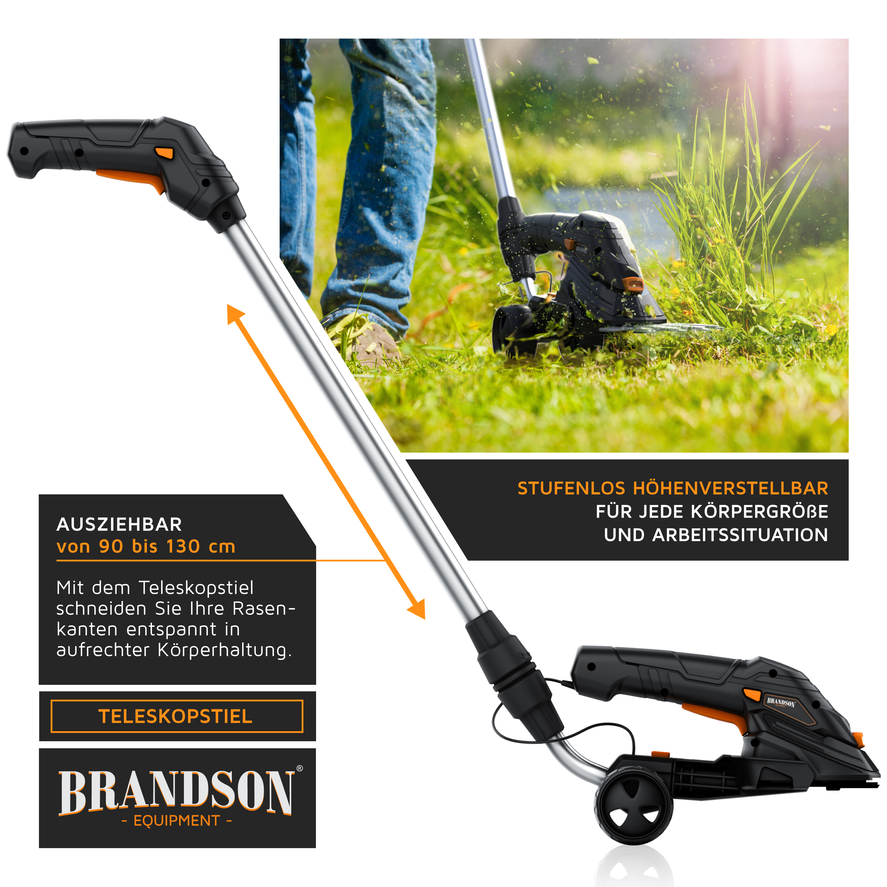 Brandson Teleskopstil mit stufenloser Höhenverstellung von 90 bis 130 cm, geeignet für verschiedene Körpergrößen und Arbeitssituationen.