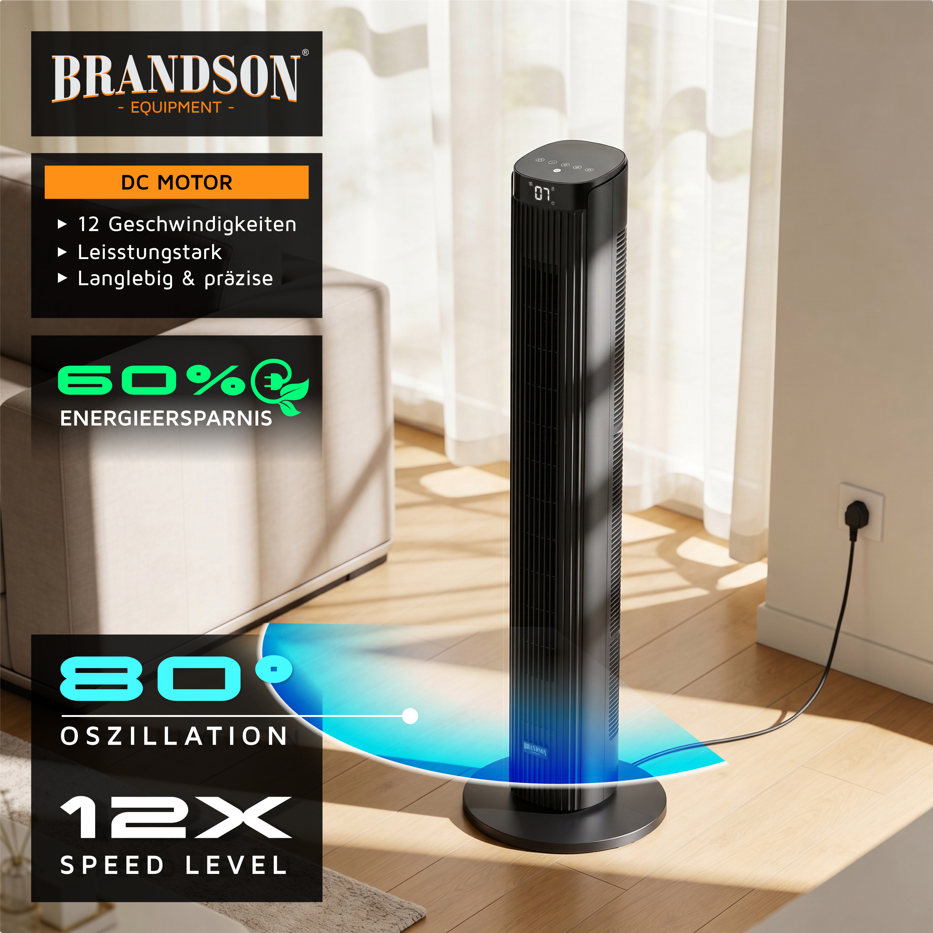 Brandson Turmventilator in Schwarz mit elegantem Design, Digitalanzeige und Fernbedienung, platziert in einem gut beleuchteten Wohnzimmer.