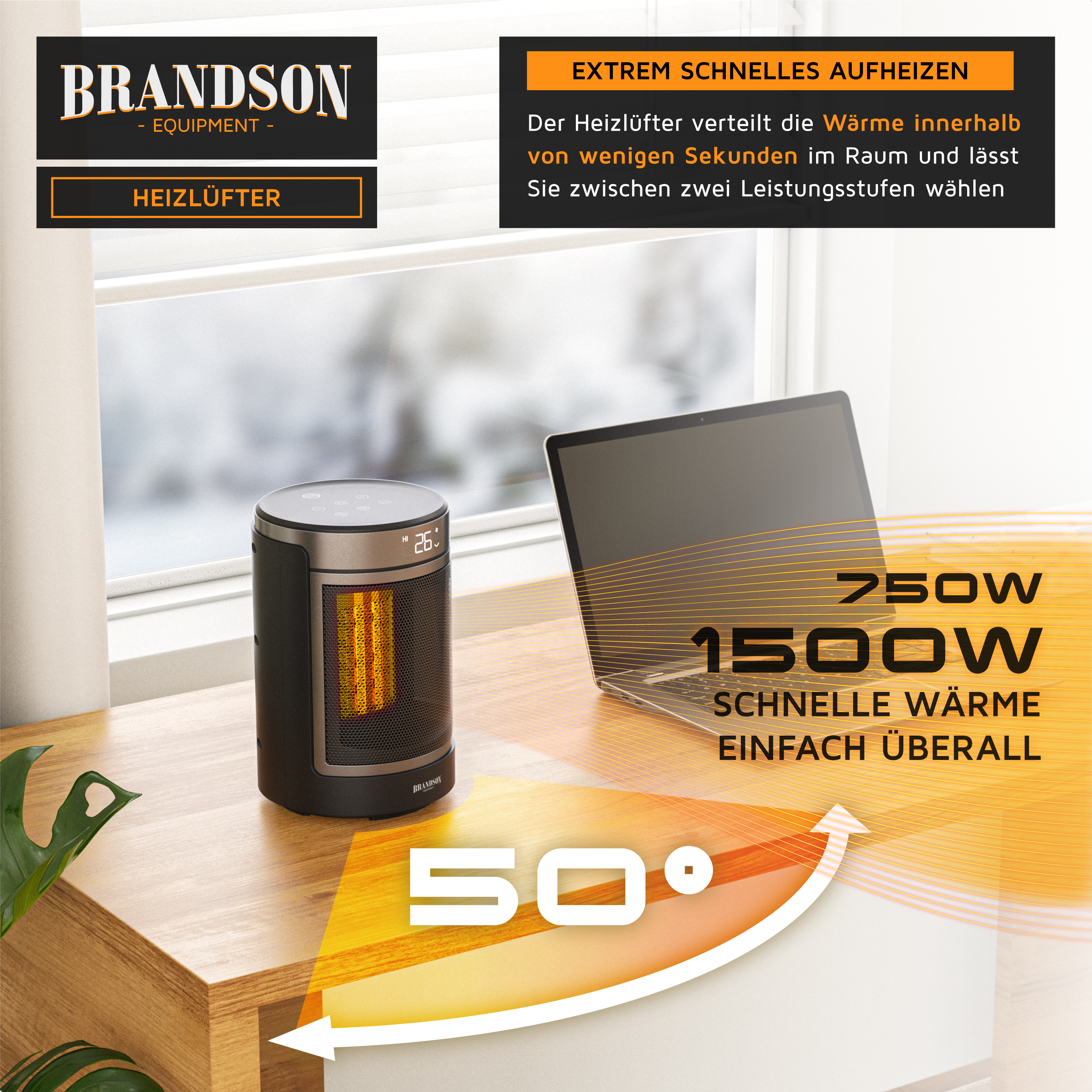 Brandson Heizlüfter in Schwarz mit digitalem Display und Bedienfeld, auf einem Tisch neben einem Laptop platziert.
