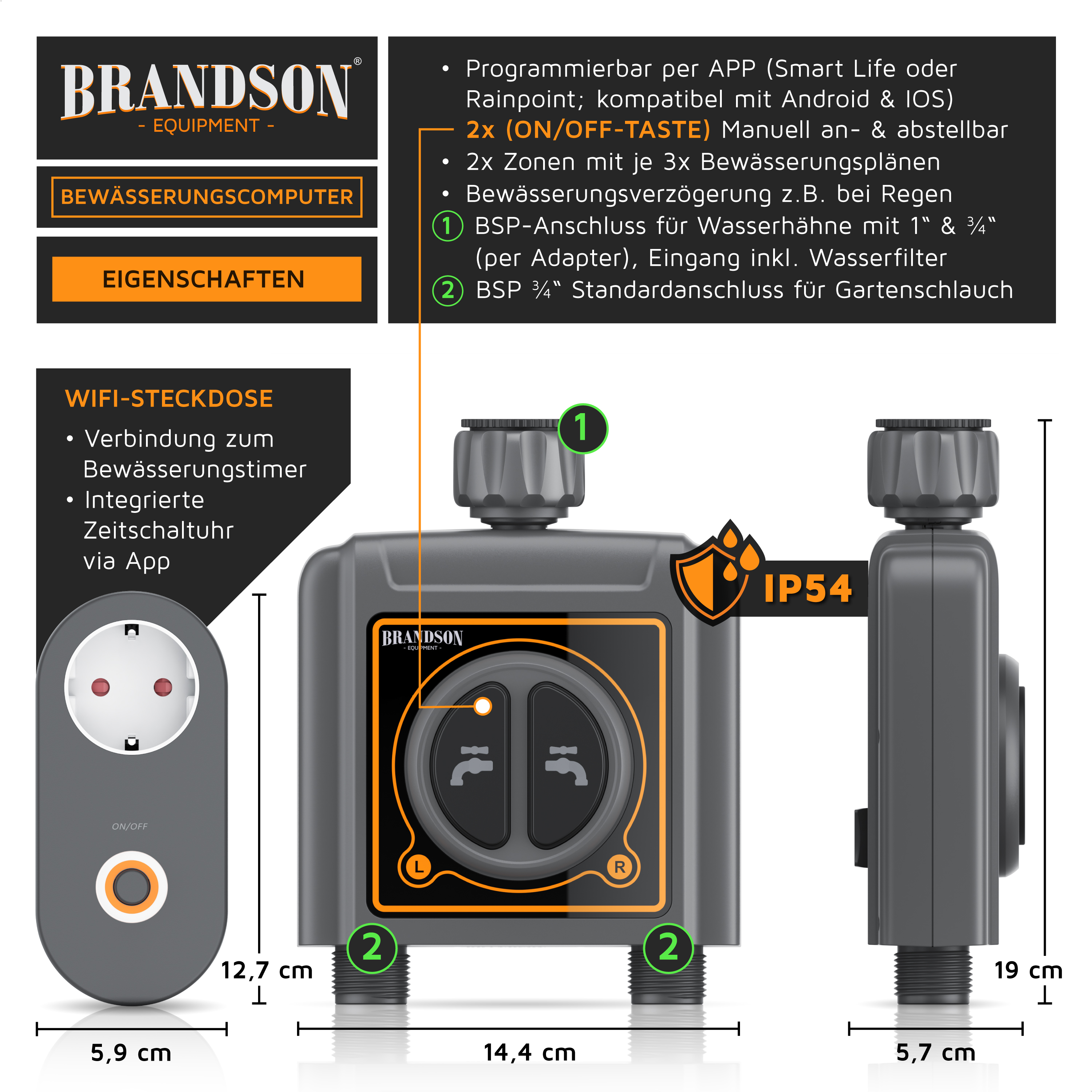 Bewässerungscomputer von Brandson mit WiFi-Buchse, programmierbar über App, mit zwei Zonen und manueller Ein-/Aus-Taste, Schutzart IP54.