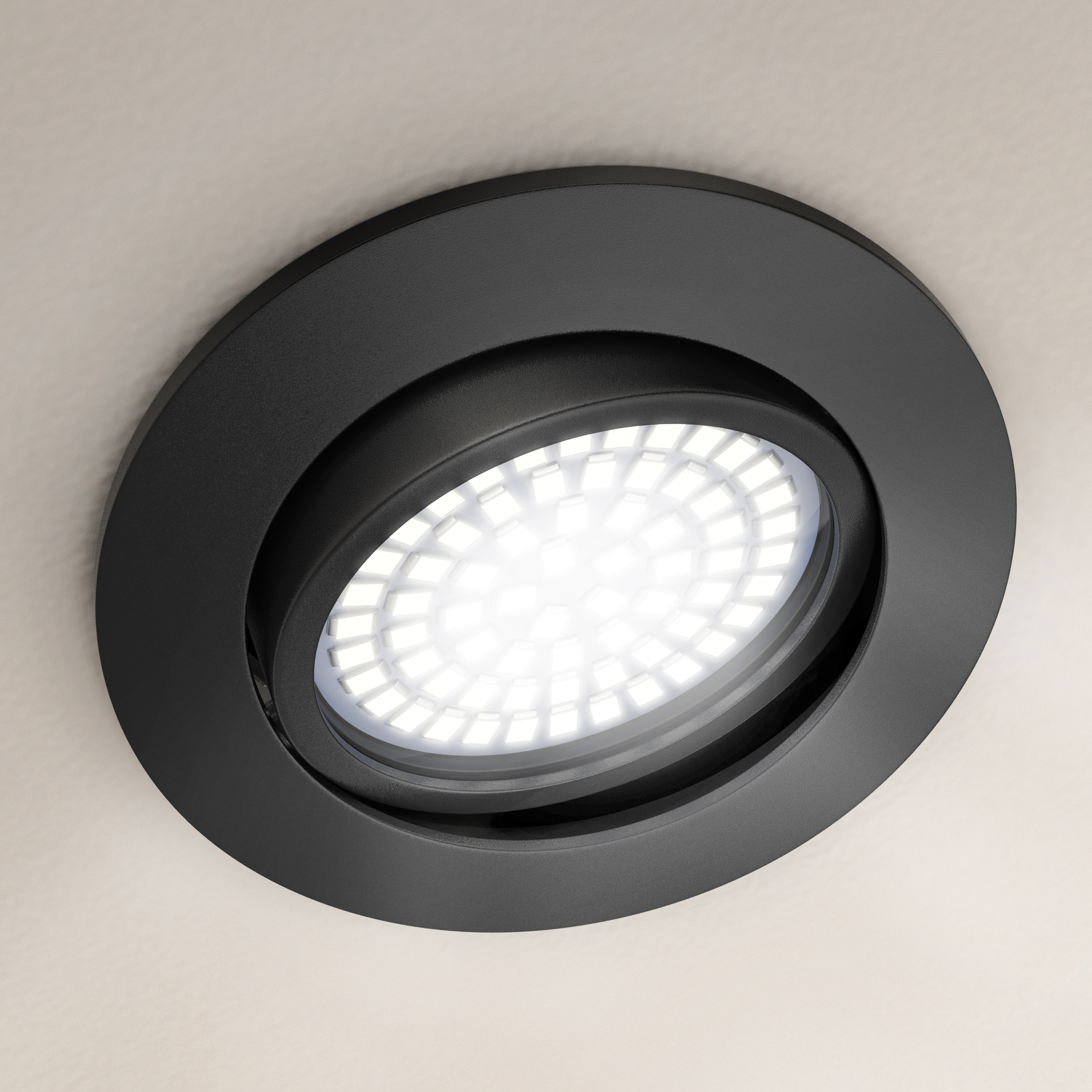 Deckeneinbauleuchte Brandson in Schwarz mit kreisförmigem Design und Gittermuster für gleichmäßige Ausleuchtung.