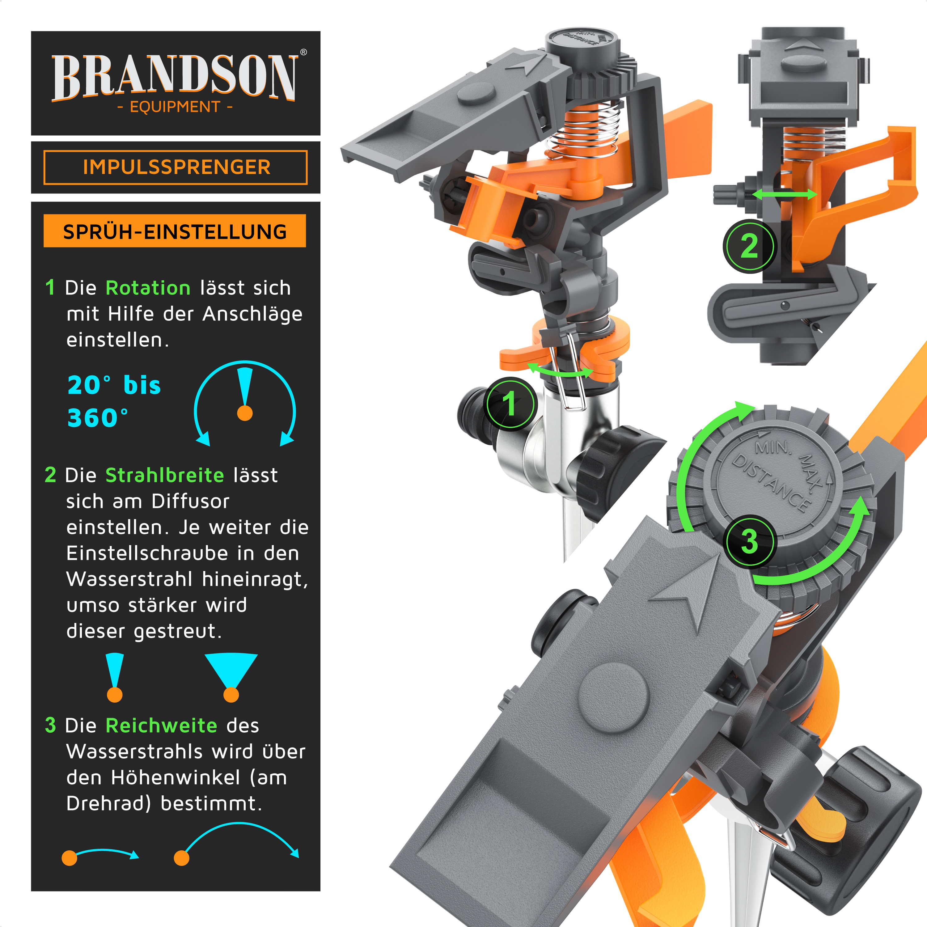 Brandson Impuls-Sprinkler mit einstellbaren Sprüheinstellungen, robustem Design in Grau und Orange und einem drehbaren Kopf für eine Abdeckung von 20° bis 360°.