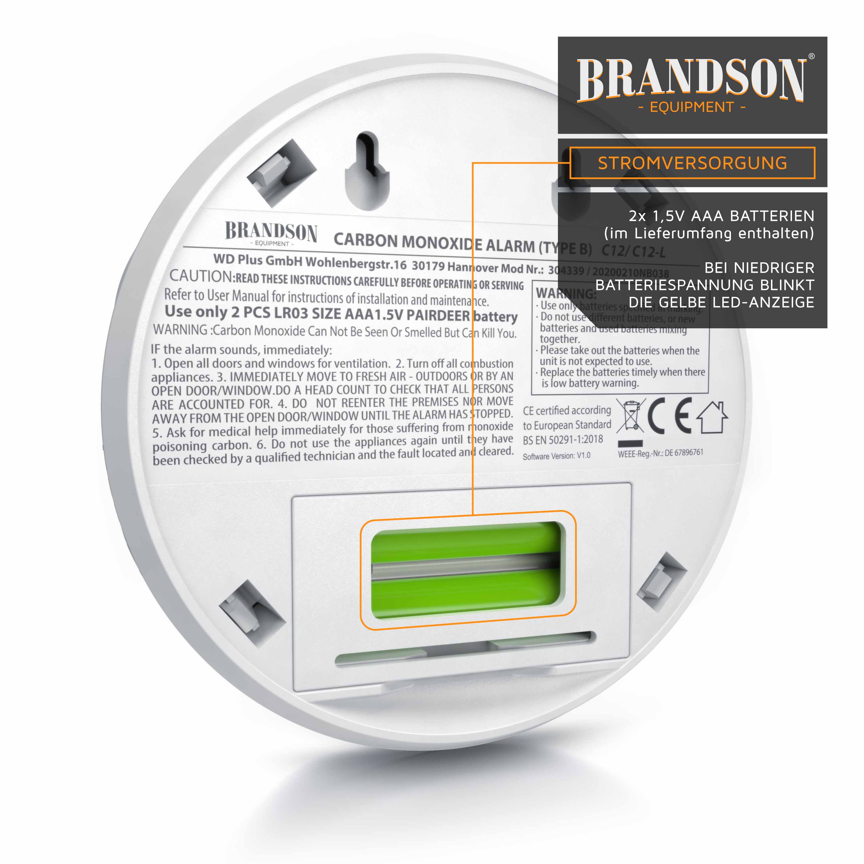 Kohlenmonoxidmelder von Brandson mit rundem weißen Gehäuse, grünem Batteriefach und Warnschildern für Sicherheitshinweise.
