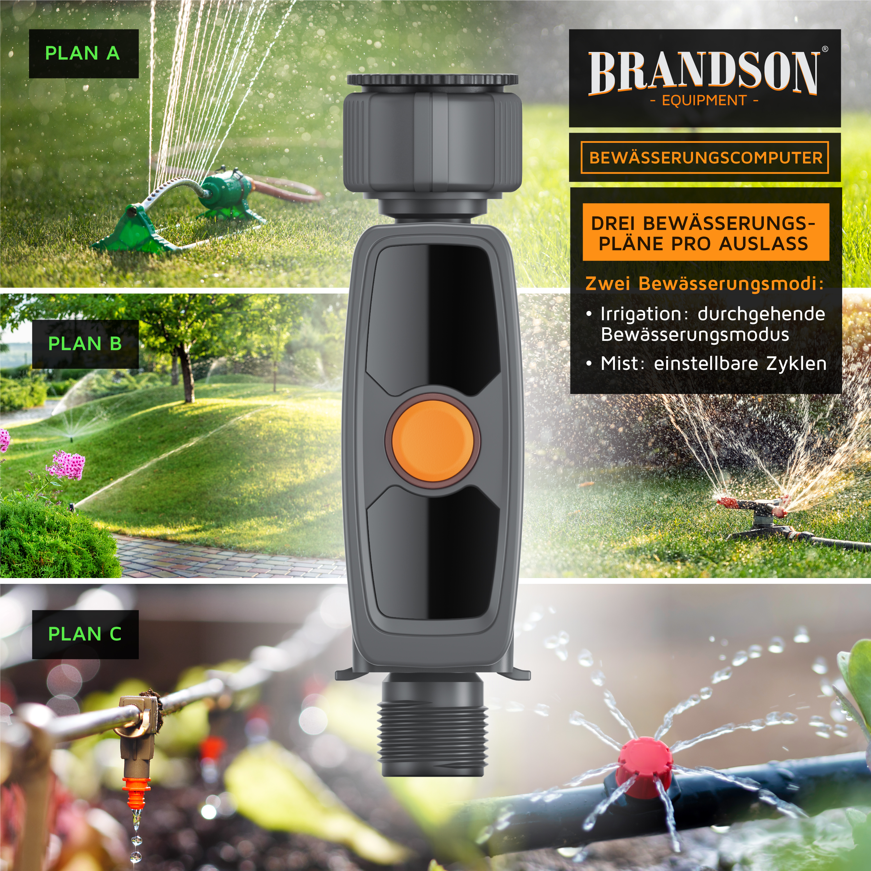Brandson Bewässerungscomputer mit orangefarbenem Knopf, zeigt drei Bewässerungspläne und zwei Bewässerungsmodi, geeignet für Gartenbewässerung.