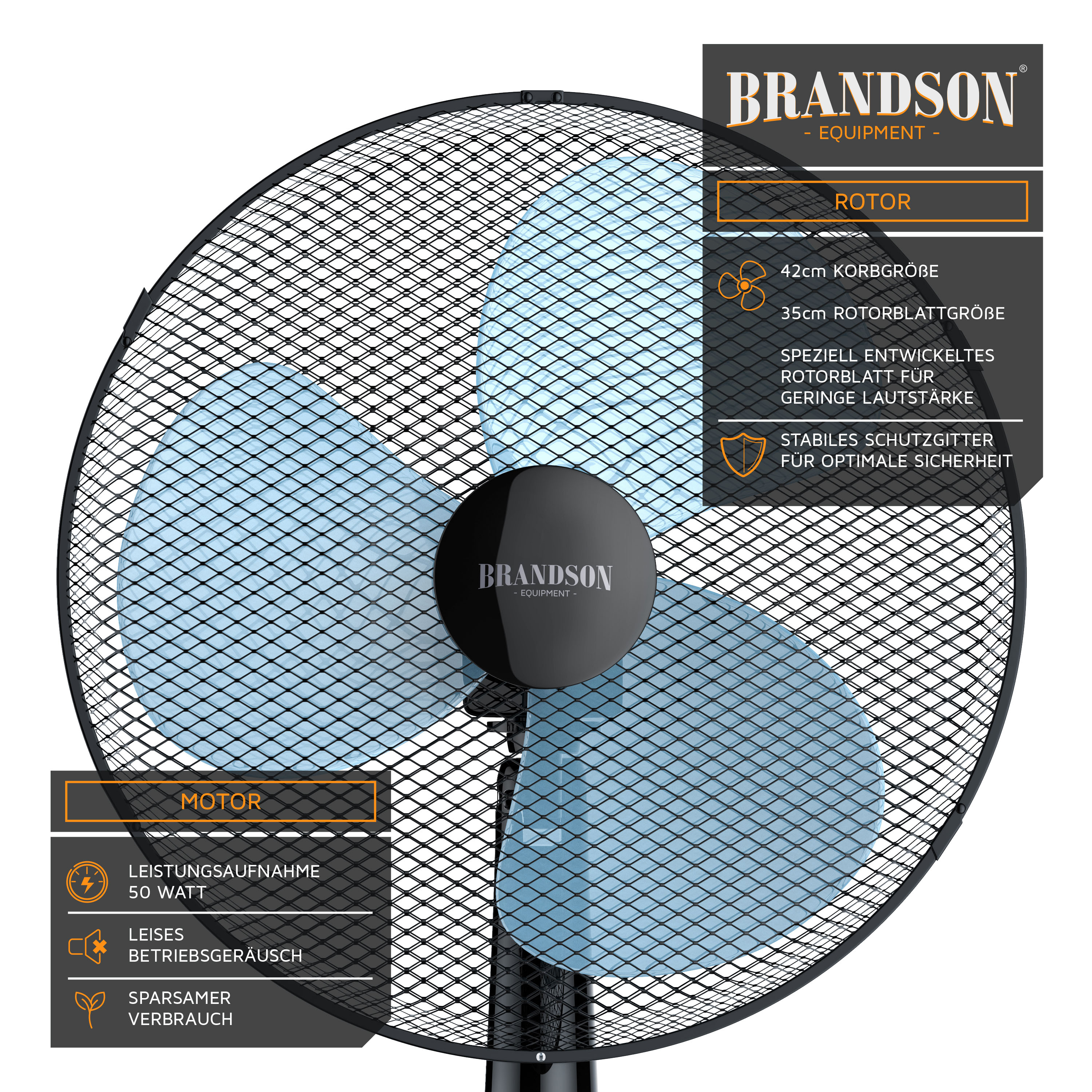 Brandson Standventilator mit 42 cm Korbgröße, blauen Rotorblättern und stabilem Schutzgitter für optimale Sicherheit.