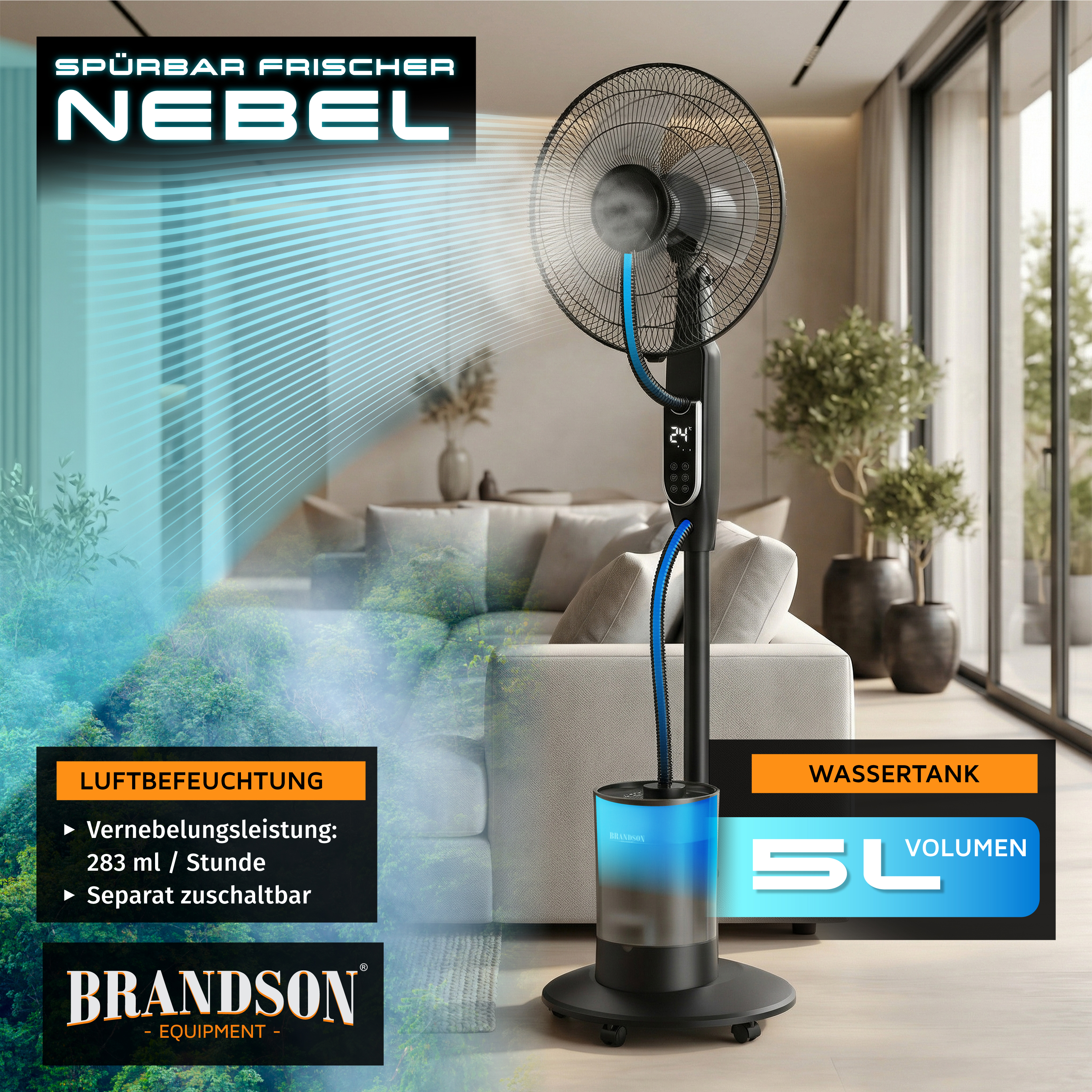 Brandson Turmventilator mit 5L Wassertank, schwarzer Standfuß, Bedienfeld und Fernbedienung, ideal für die Luftbefeuchtung im Wohnraum.