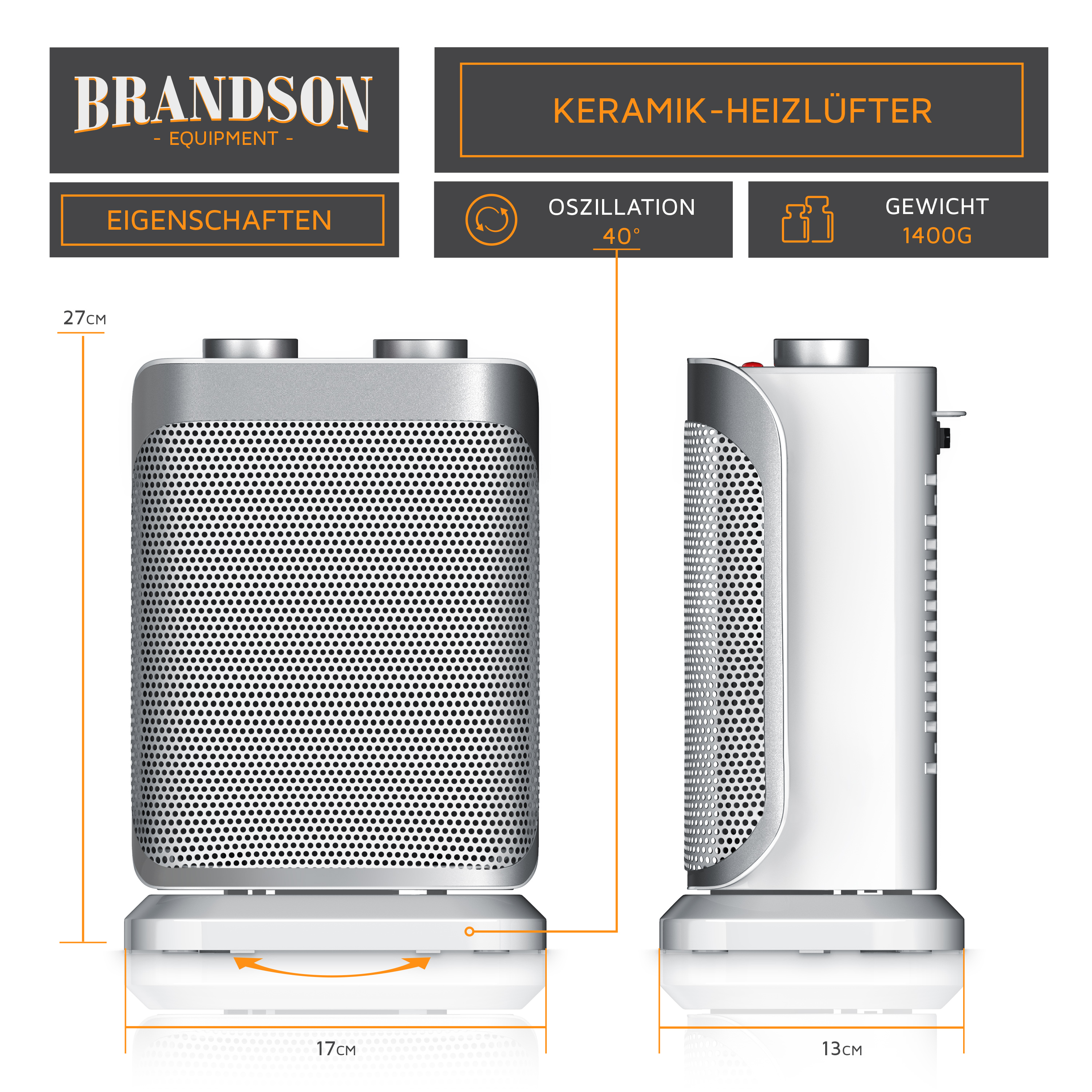 Brandson-Keramikheizgerät mit kompaktem Design, silberner Farbe und Frontgitter für effiziente Wärmeverteilung.