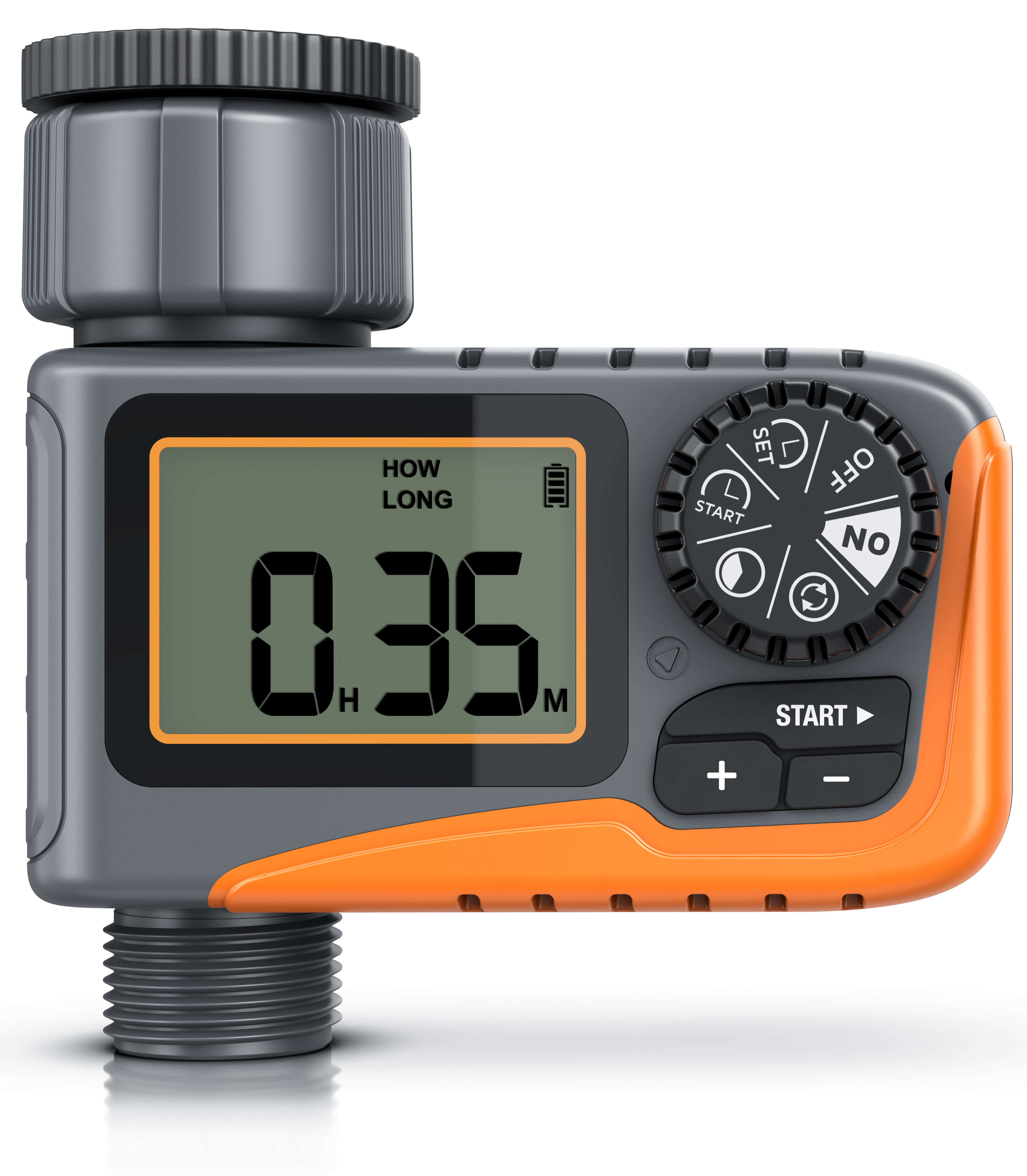 Digitaler Gartentimer von Brandson mit großem Display, orangefarbenen Akzenten und Bedientasten für einfache Programmierung.