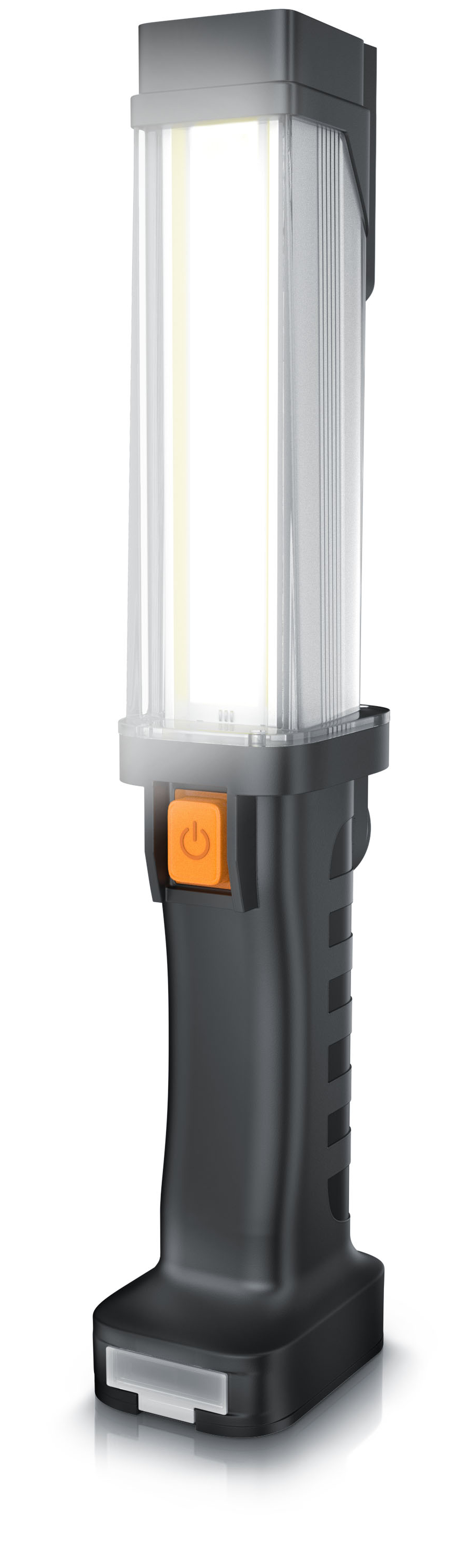 Brandson Arbeitsleuchte mit ergonomischem Griff, transparentem Lampengehäuse und orangefarbener Einschalttaste für vielseitige Anwendungen.