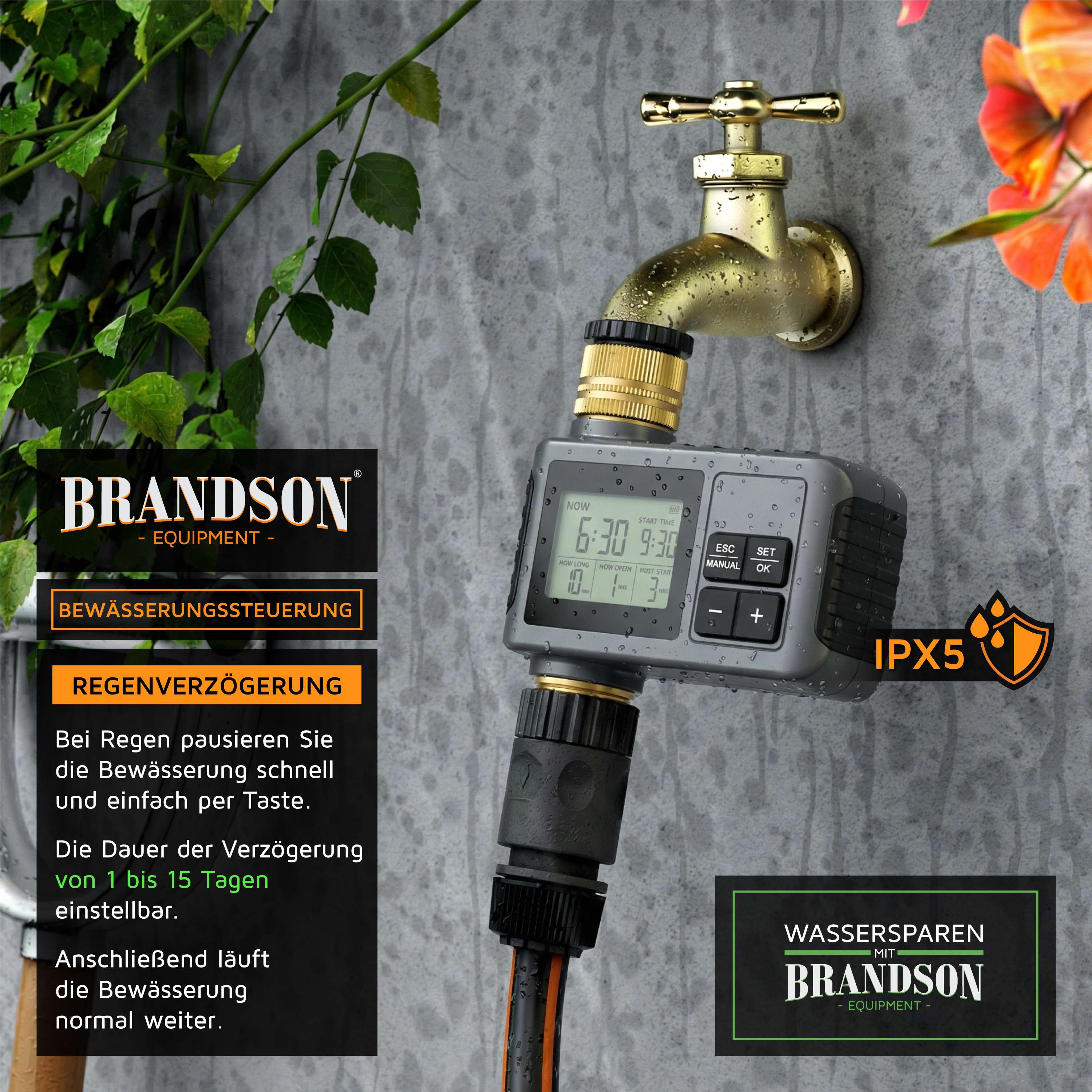 Brandson Bewässerungssteuerung mit digitalem Display, grauem Gehäuse und wasserdichtem IPX5-Schutz, montiert an einem Wasserhahn.