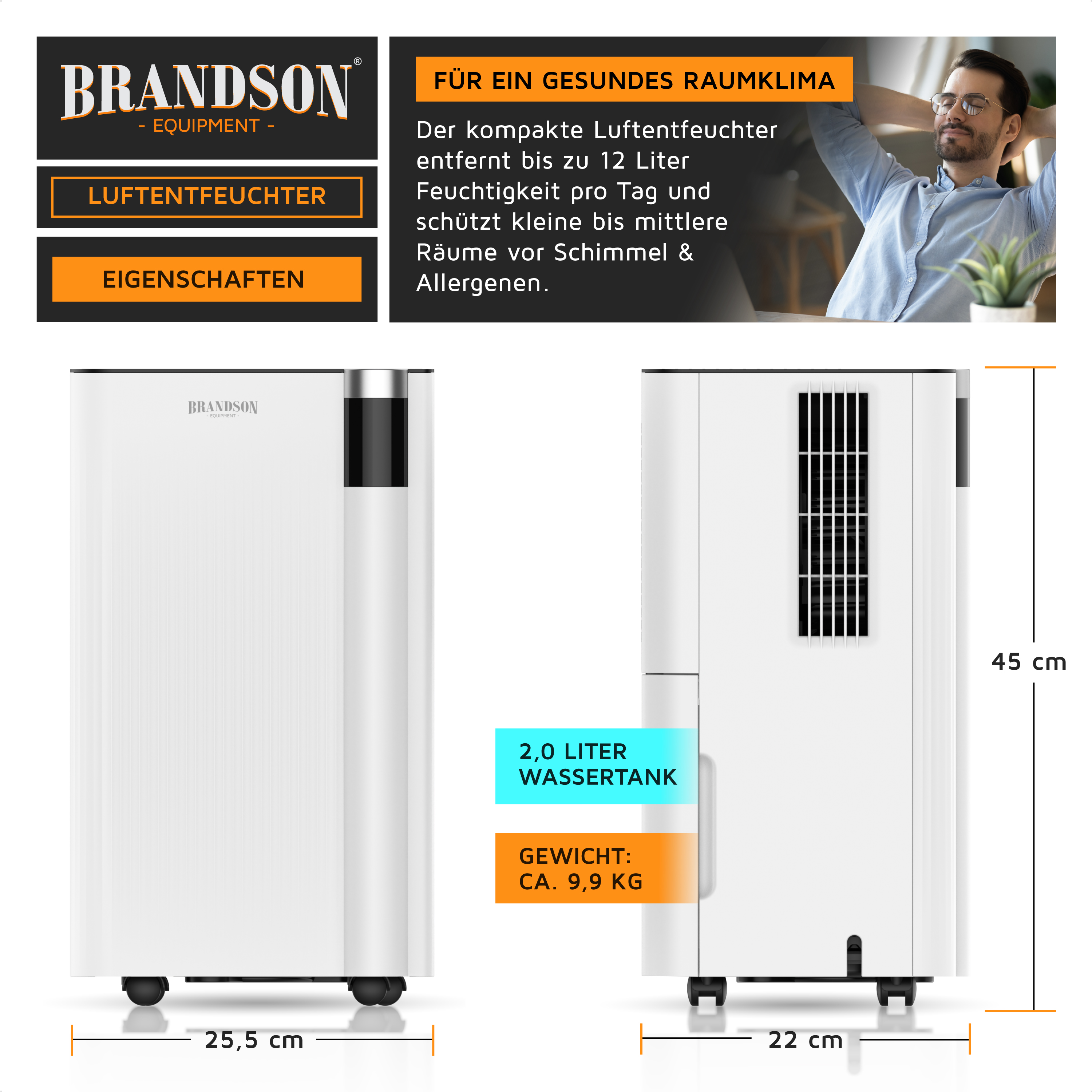 Brandson Luftentfeuchter in Weiß mit kompaktem Design, sichtbarem Bedienfeld und Rollen für einfache Mobilität.